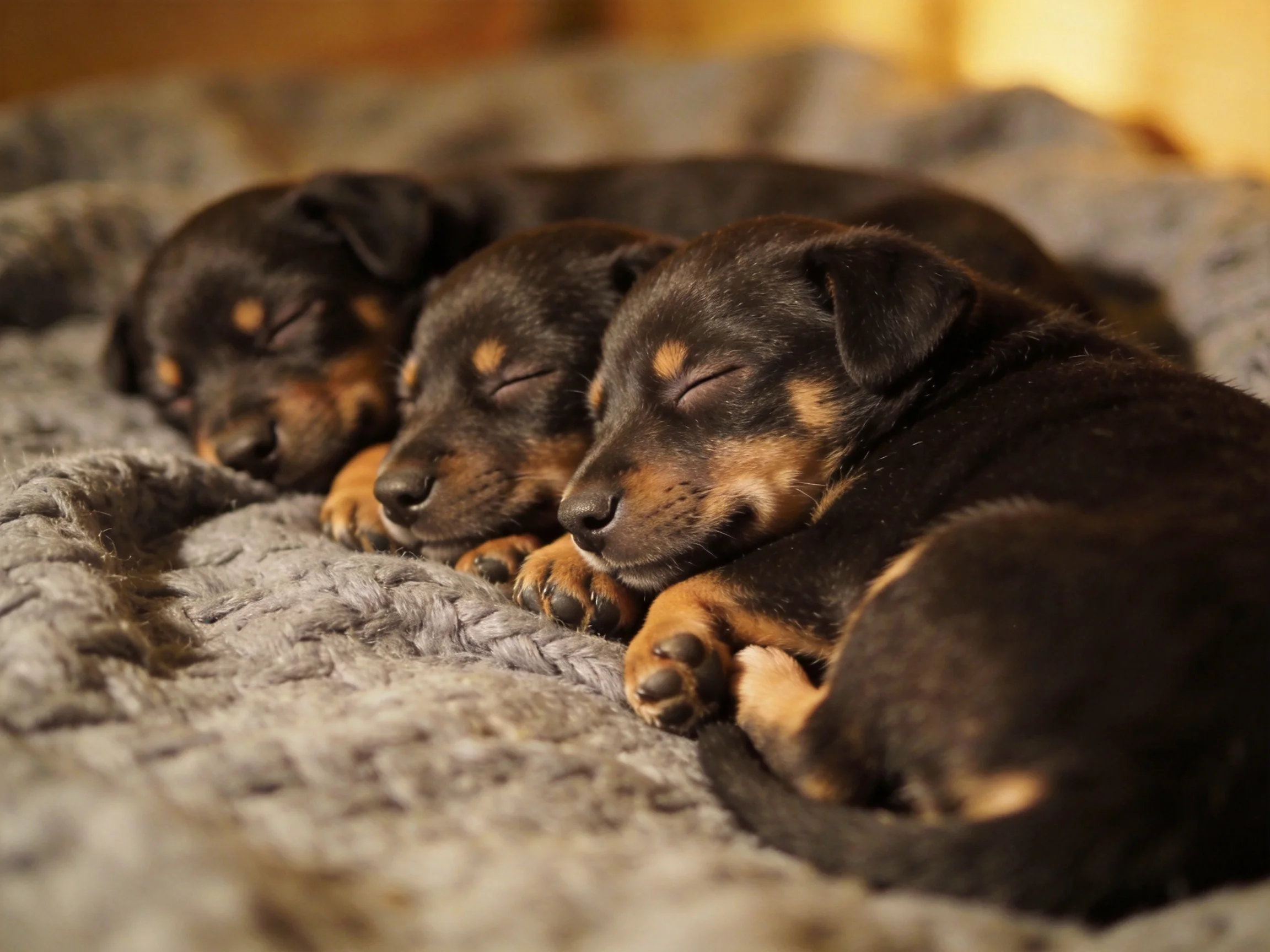 Three black and tan puppies rest on a plush gray blanket