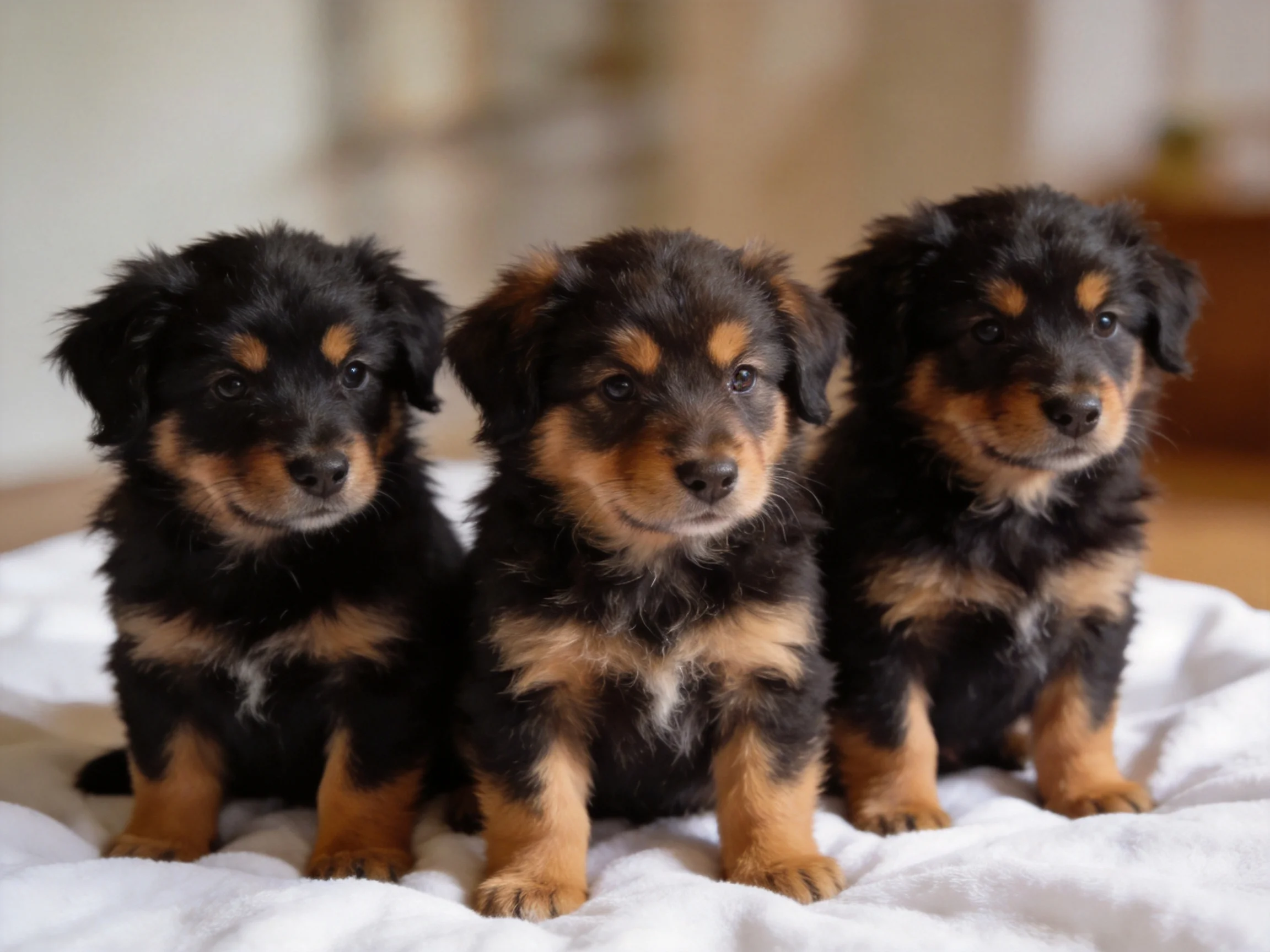 Three black and tan puppies sit on a white blanket indoors