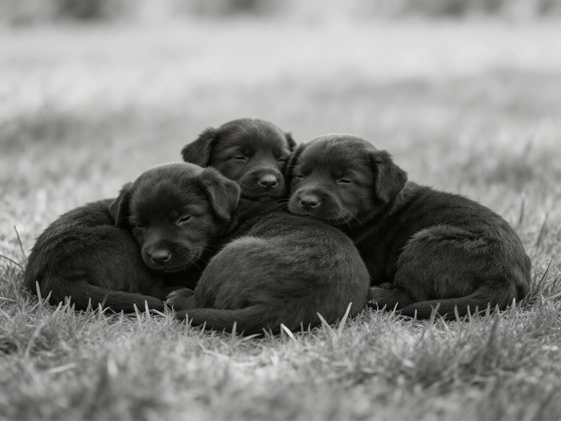 Three black puppies cuddle together on a grassy field