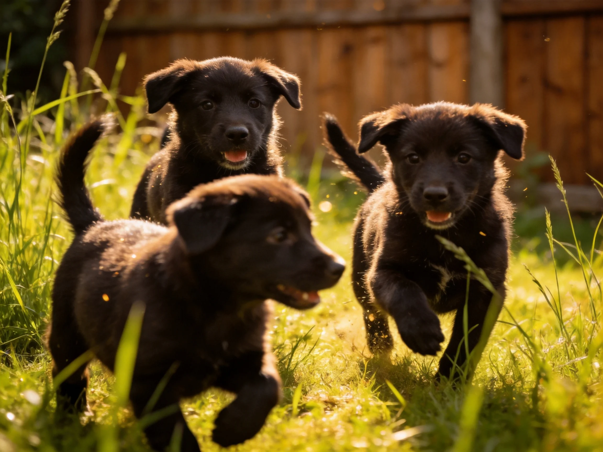 Three black puppies run through tall green grass near a wooden fence
