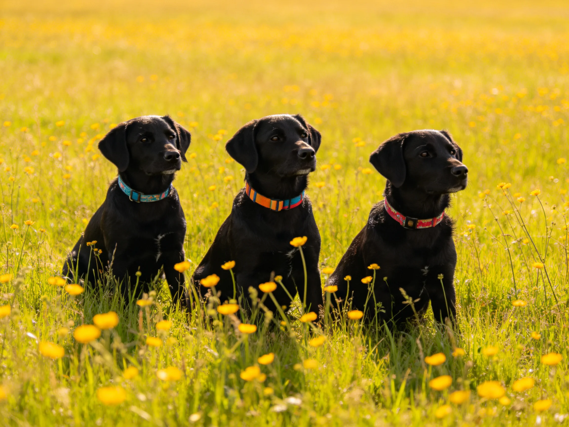 Three black puppies sit amid yellow wildflowers in a sunlit meadow
