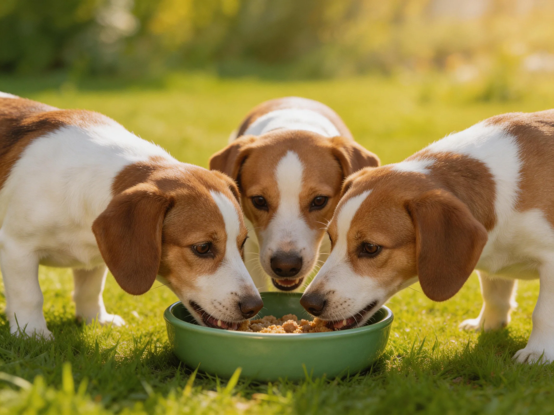 Three brown-and-white puppies eat from a green bowl on lush grass