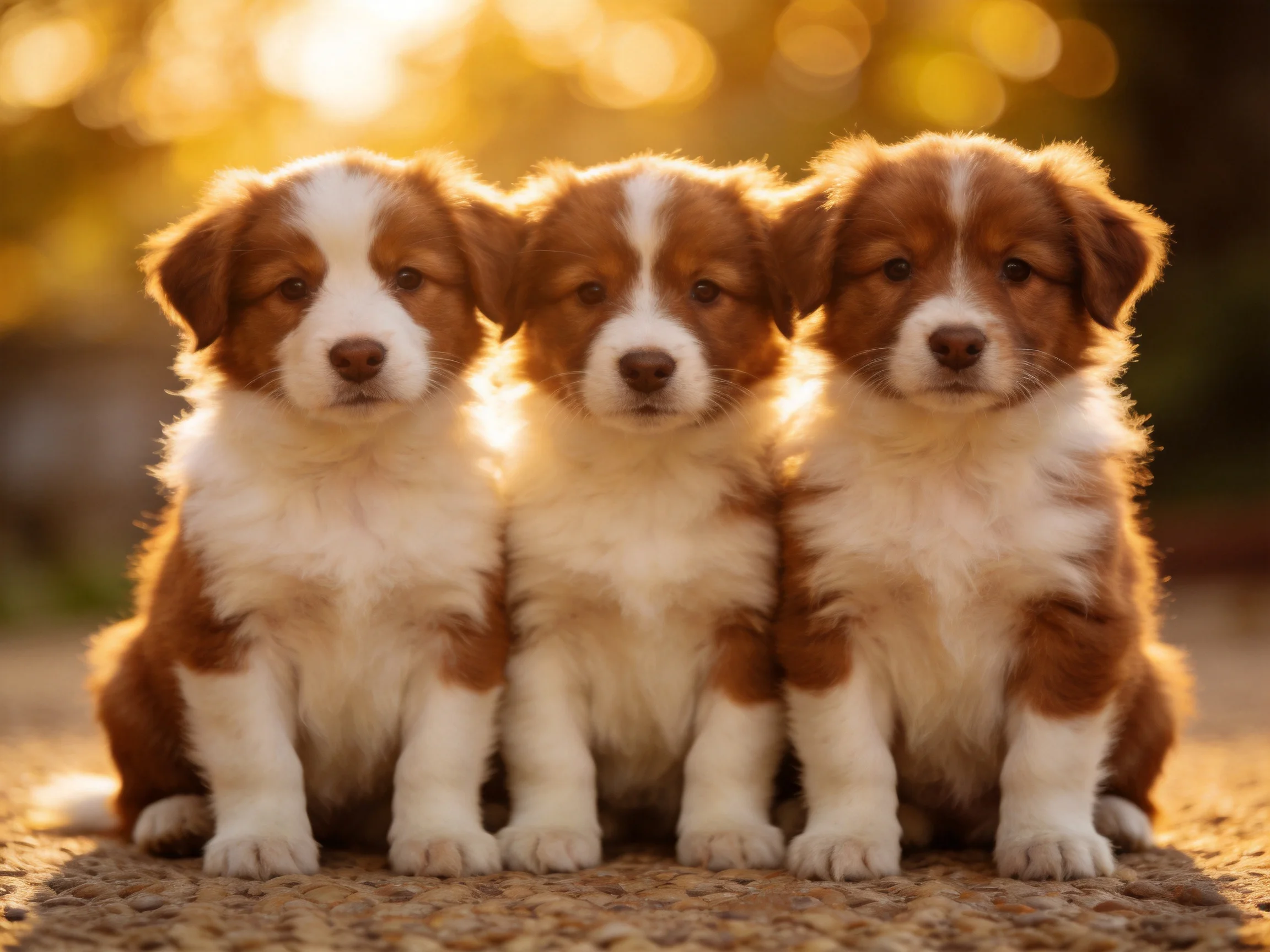 Three brown-and-white puppies sitting together in golden light