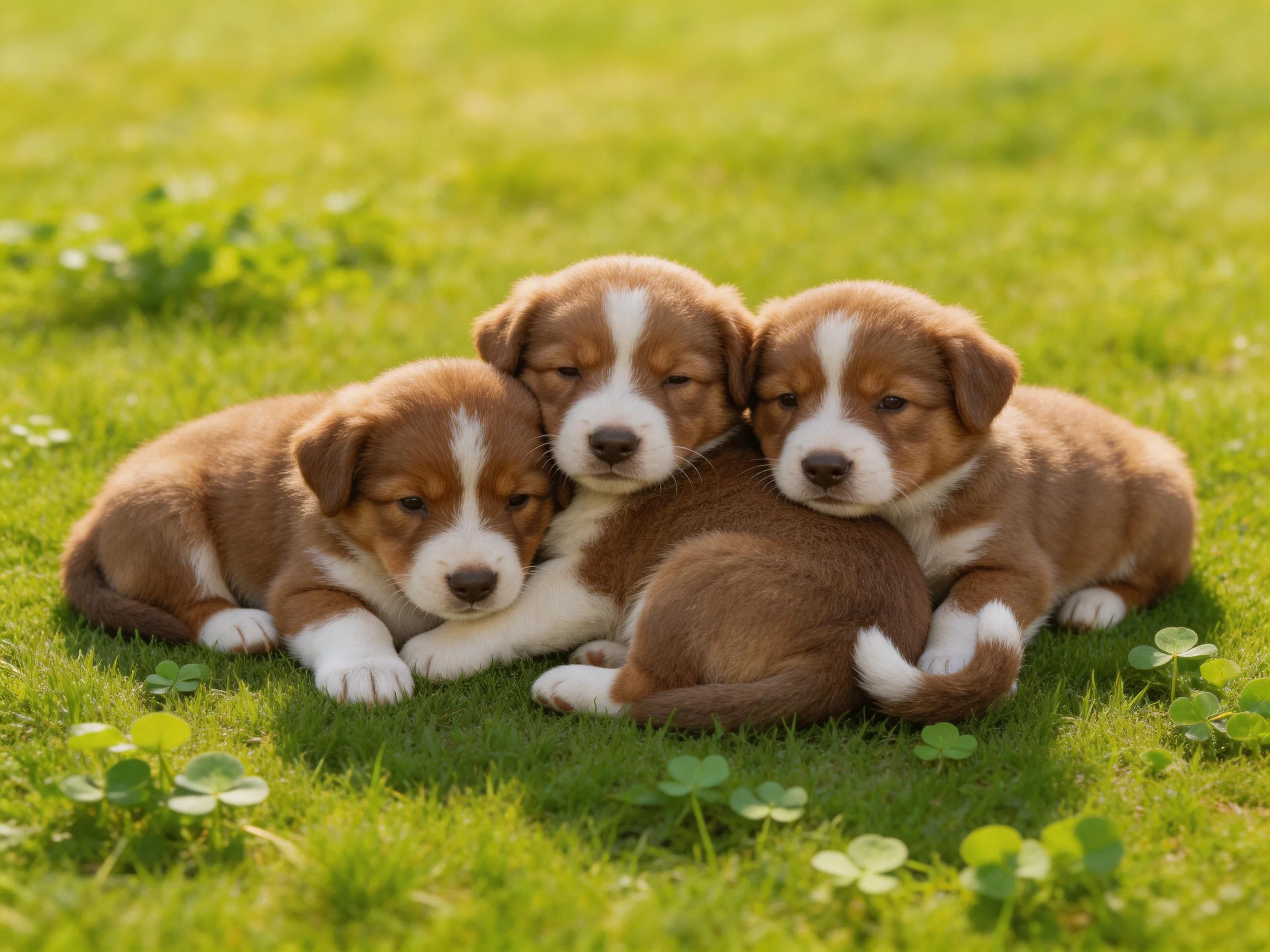 Three brown-and-white puppies snuggle together on lush green grass