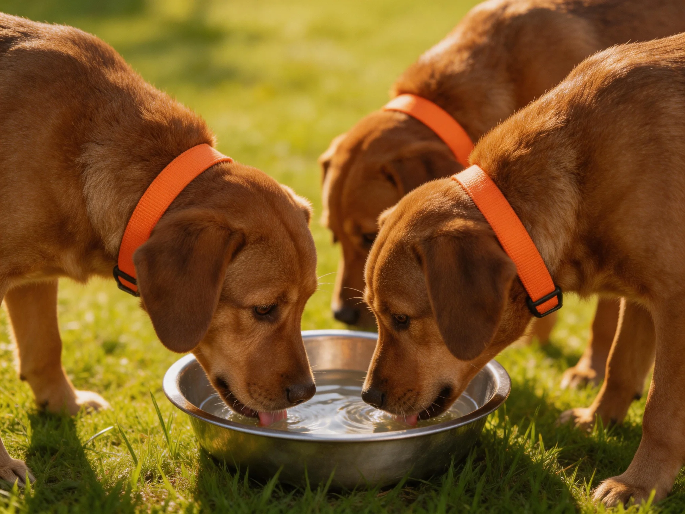 Three brown puppies with bright orange collars drink water from a metal bowl outdoors.