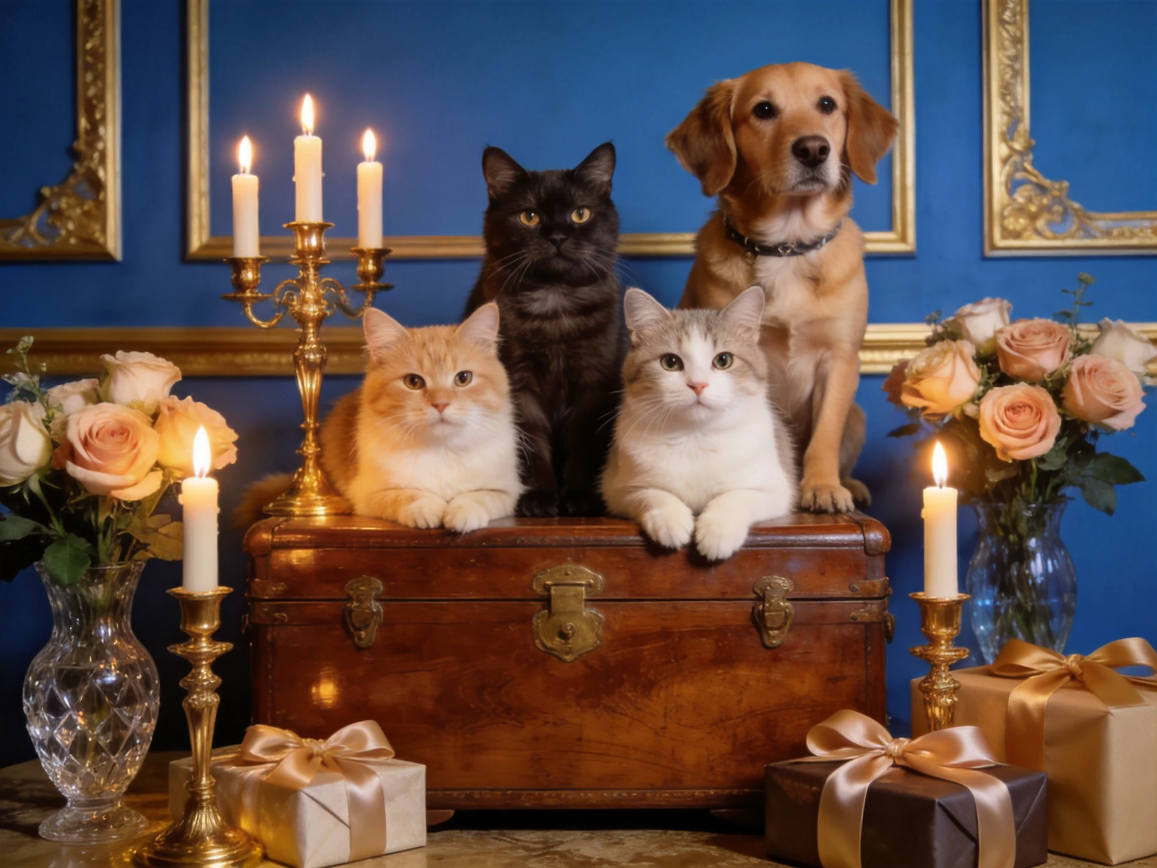 Three cats and a dog sit on a vintage chest with candles and flowers