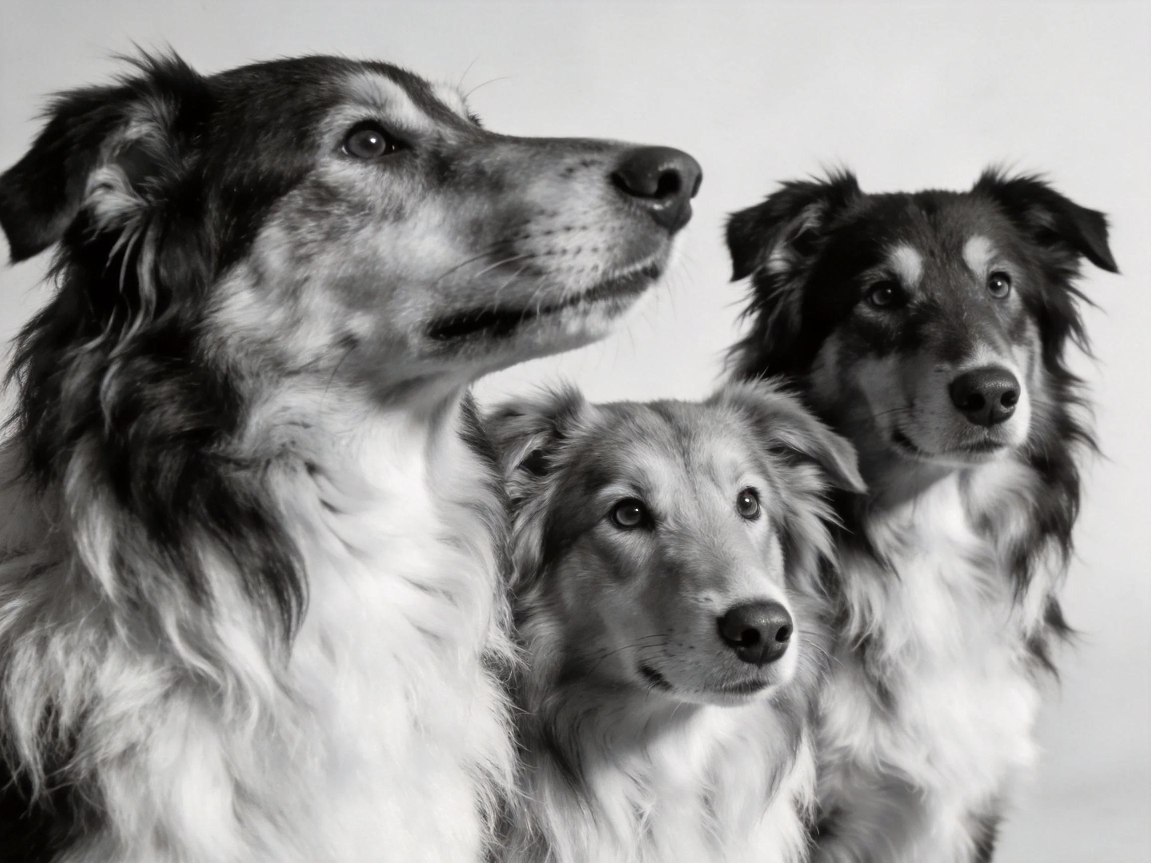 Three collie dogs gathered in a monochrome photograph