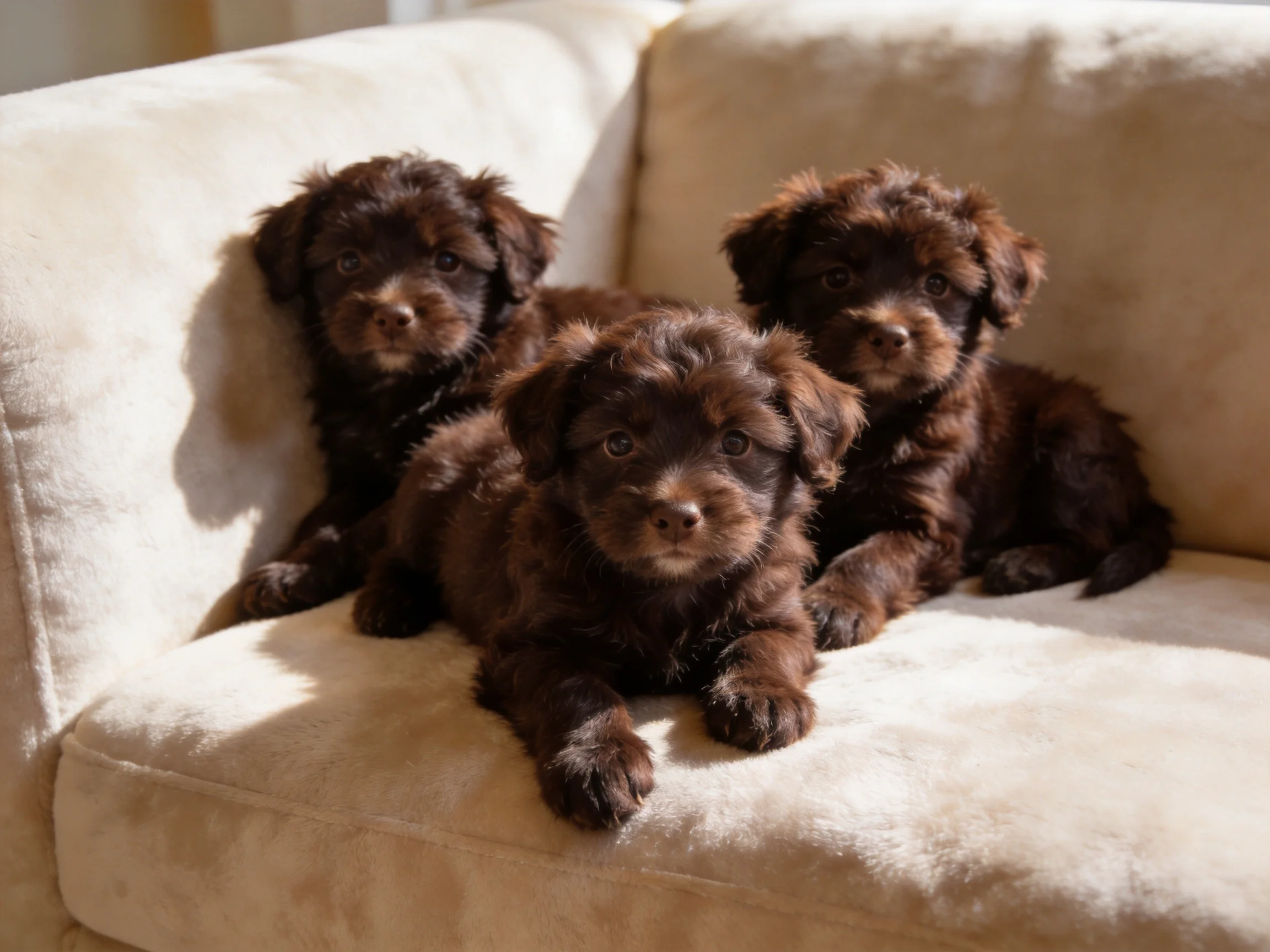 Three dark brown puppies rest on a soft beige couch in natural light.
