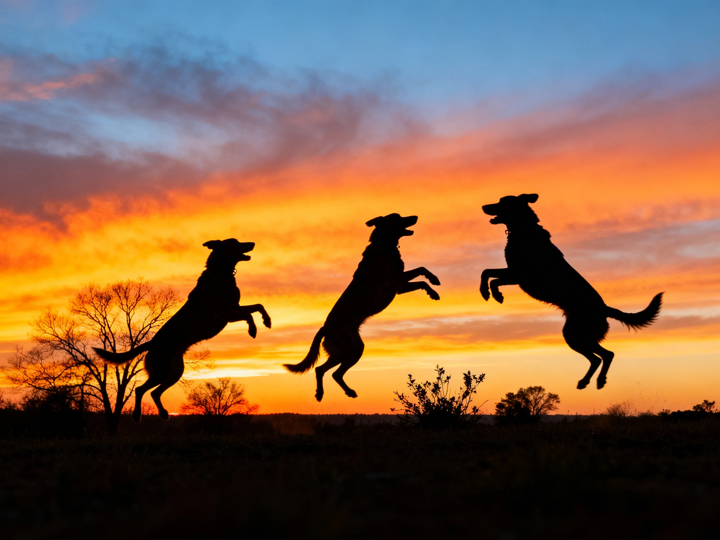 Three dog silhouettes leap amid a vibrant orange sunset sky