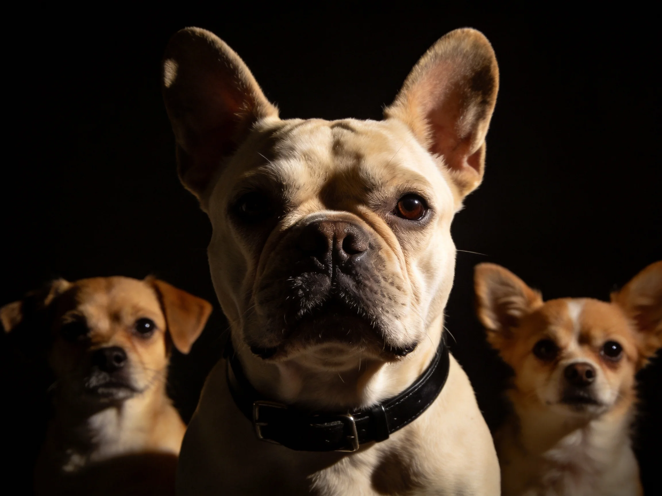 Three dogs, a French Bulldog and two Chihuahuas, highlighted by a dark setting