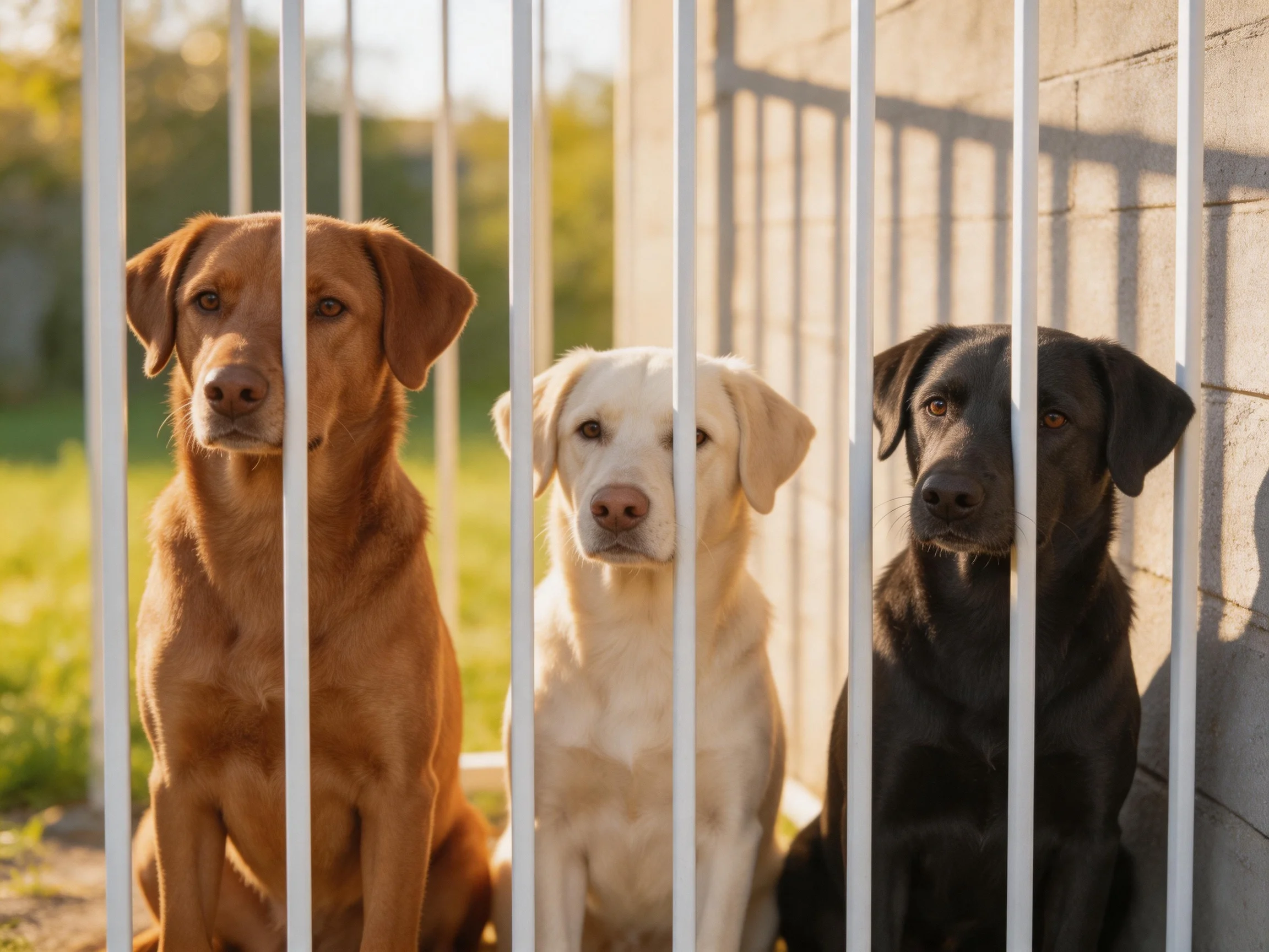 Three dogs of different colors sit behind metal bars outdoors.
