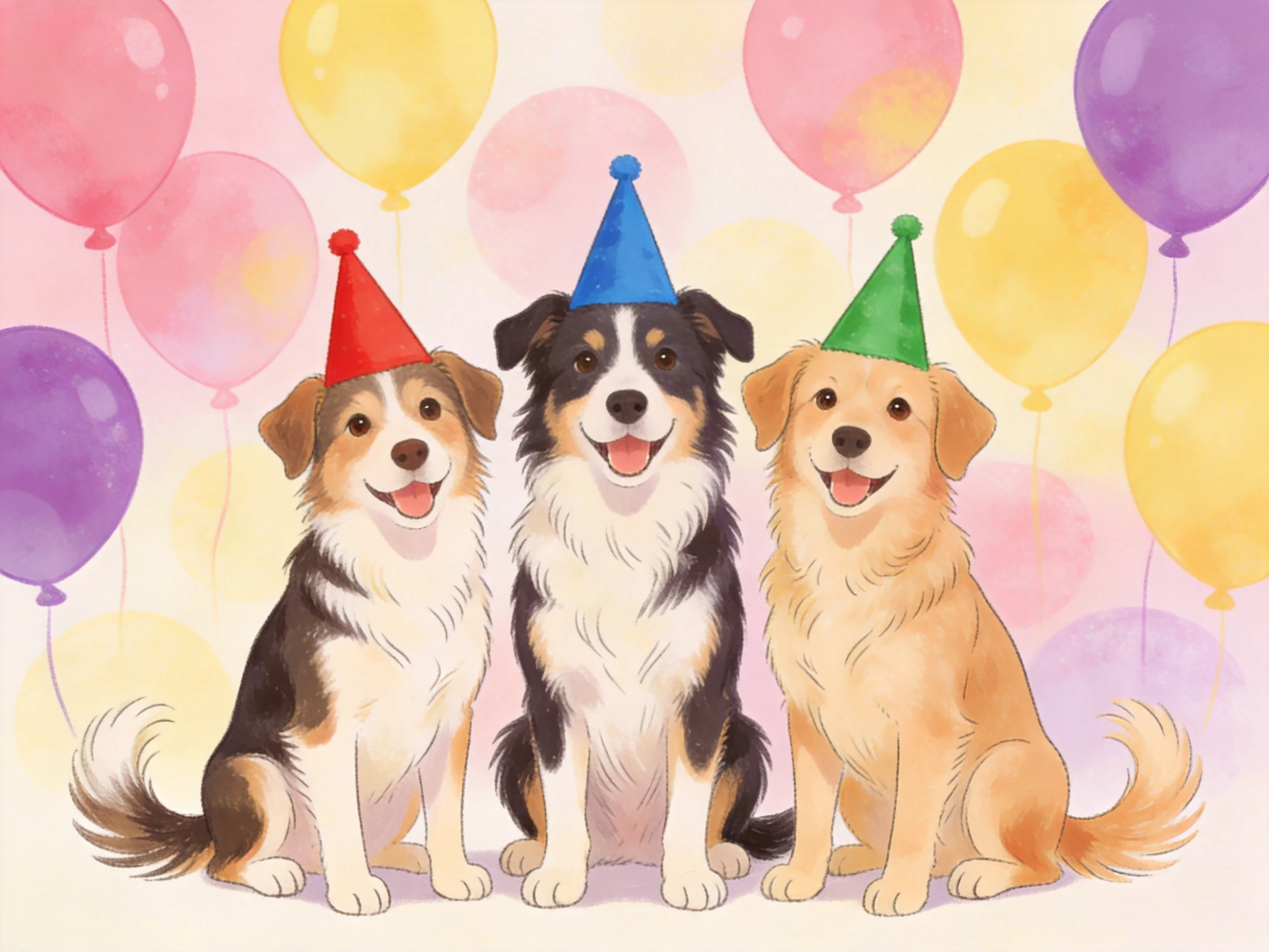 Three dogs in colorful party hats amidst pastel balloons