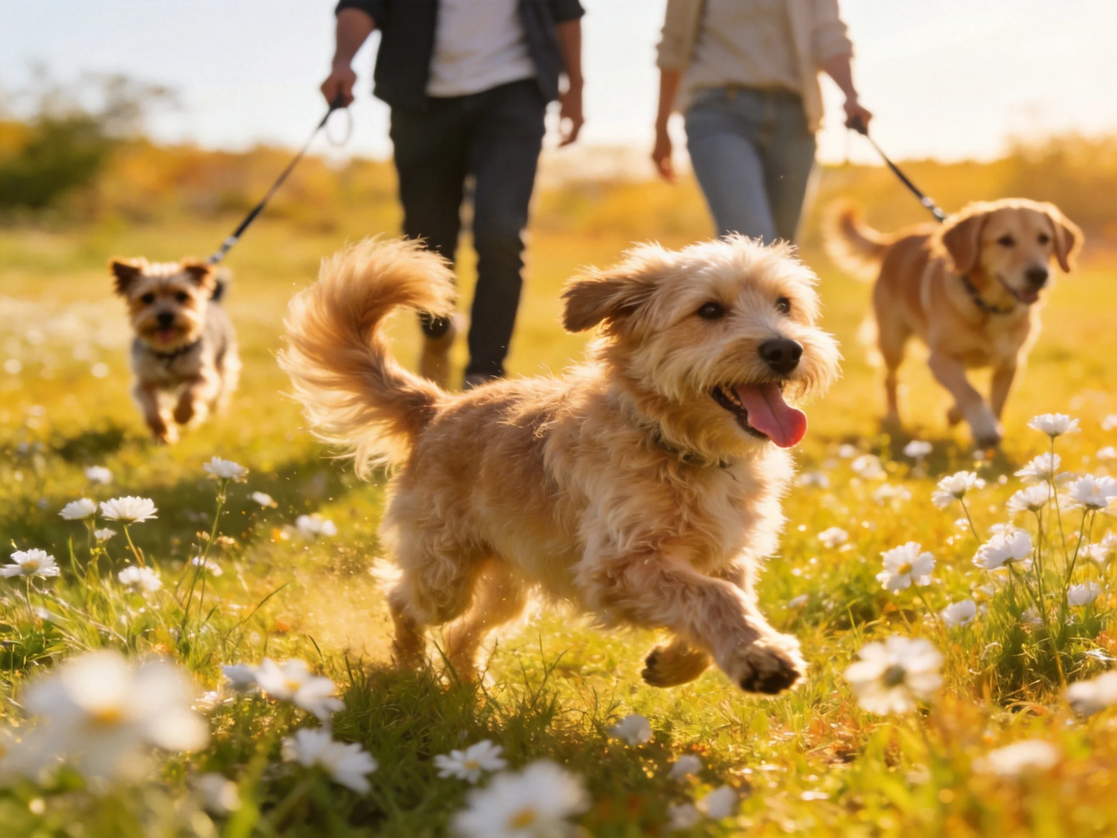 Three dogs joyfully run through a flower-filled meadow with owners