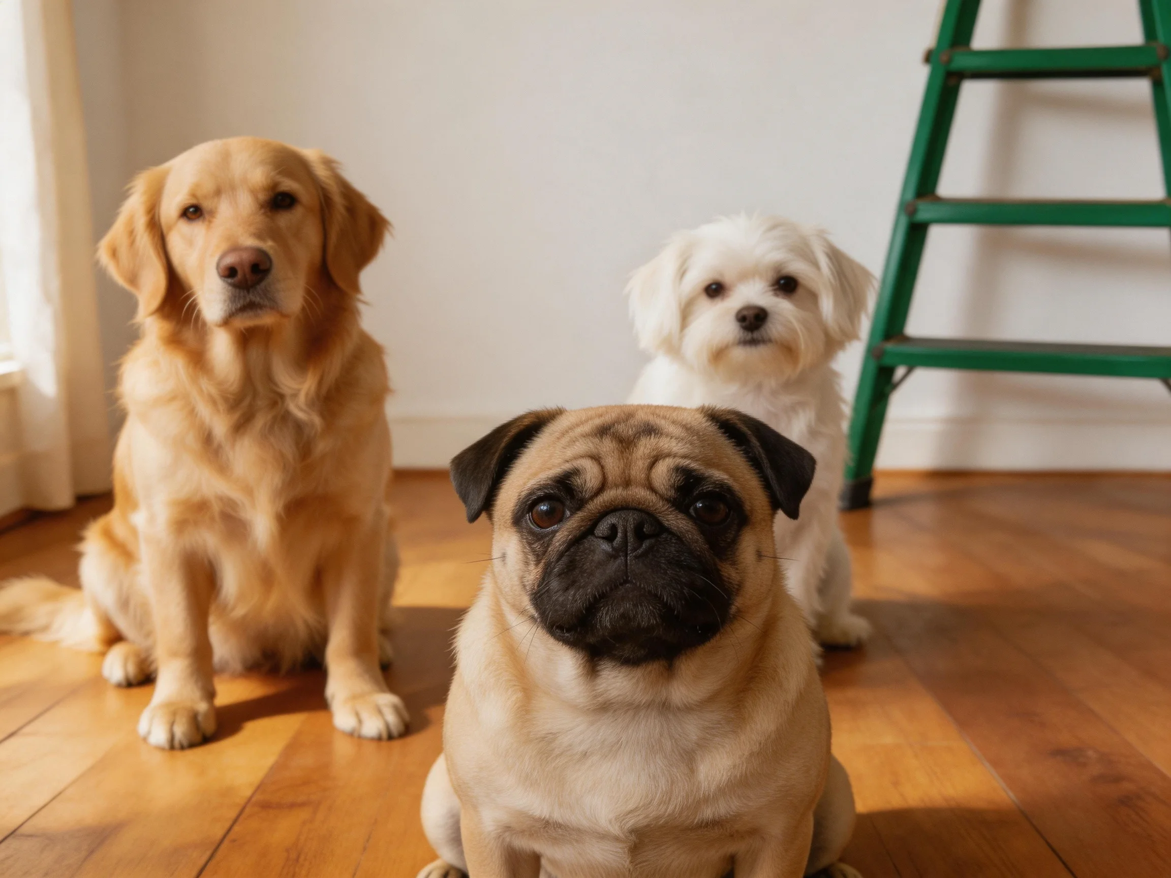 Three dogs of different breeds and colors on a wooden floor