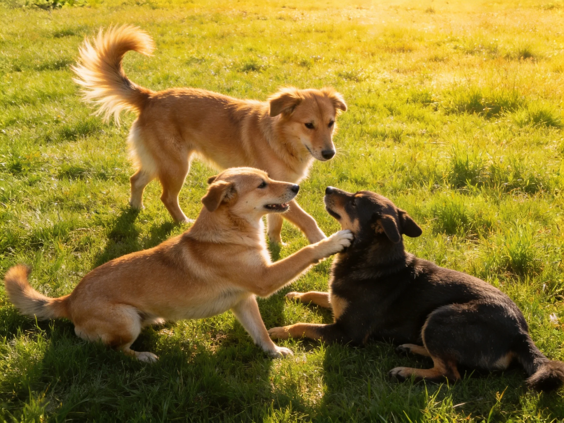 Three dogs of different colors play in a sunlit grassy field