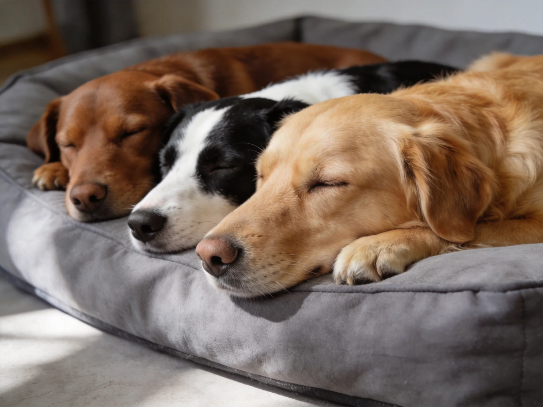 Three dogs of diverse colors rest on a gray pet bed
