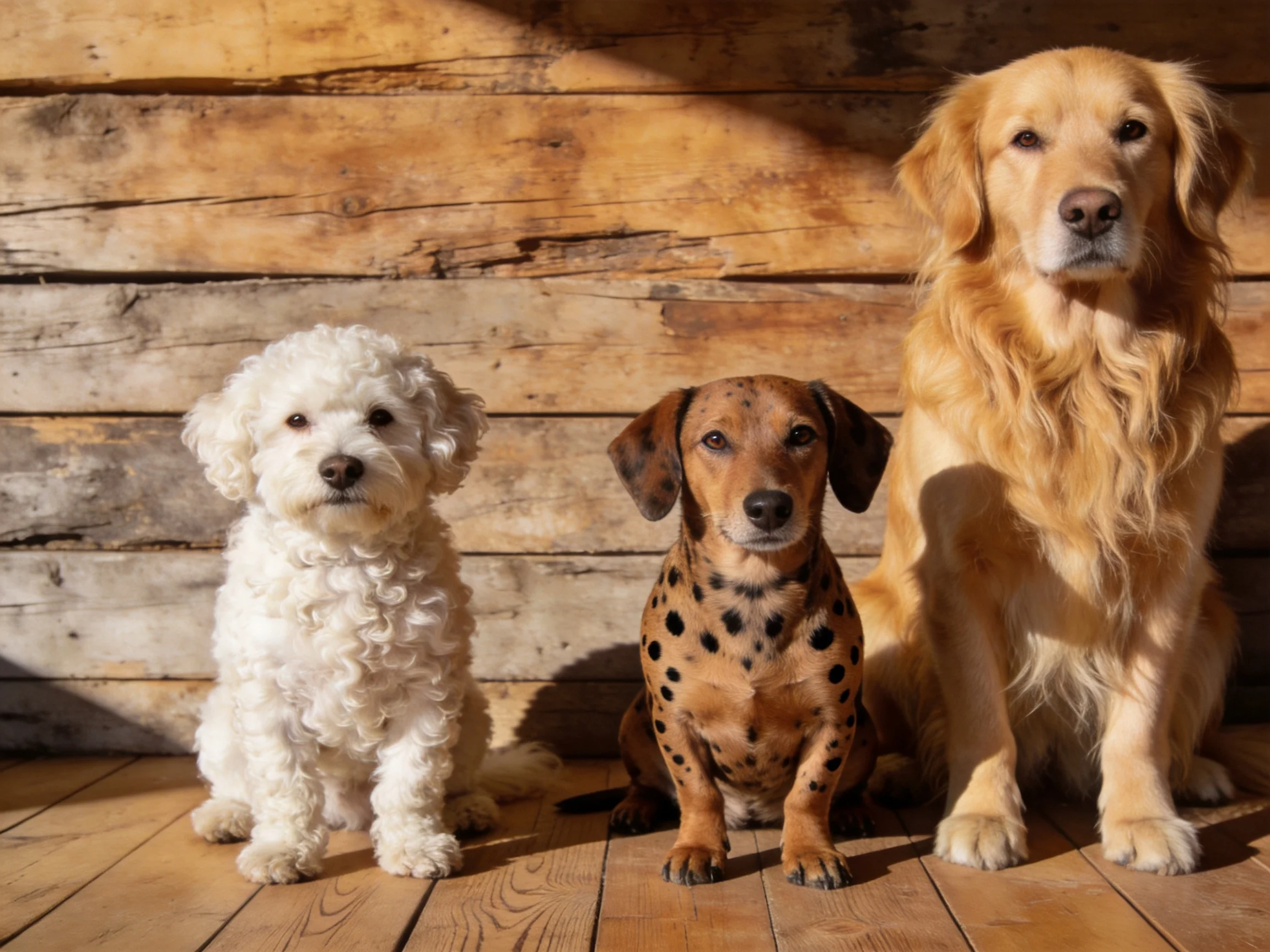 Three dogs of varied breeds and colors sit by a wooden wall
