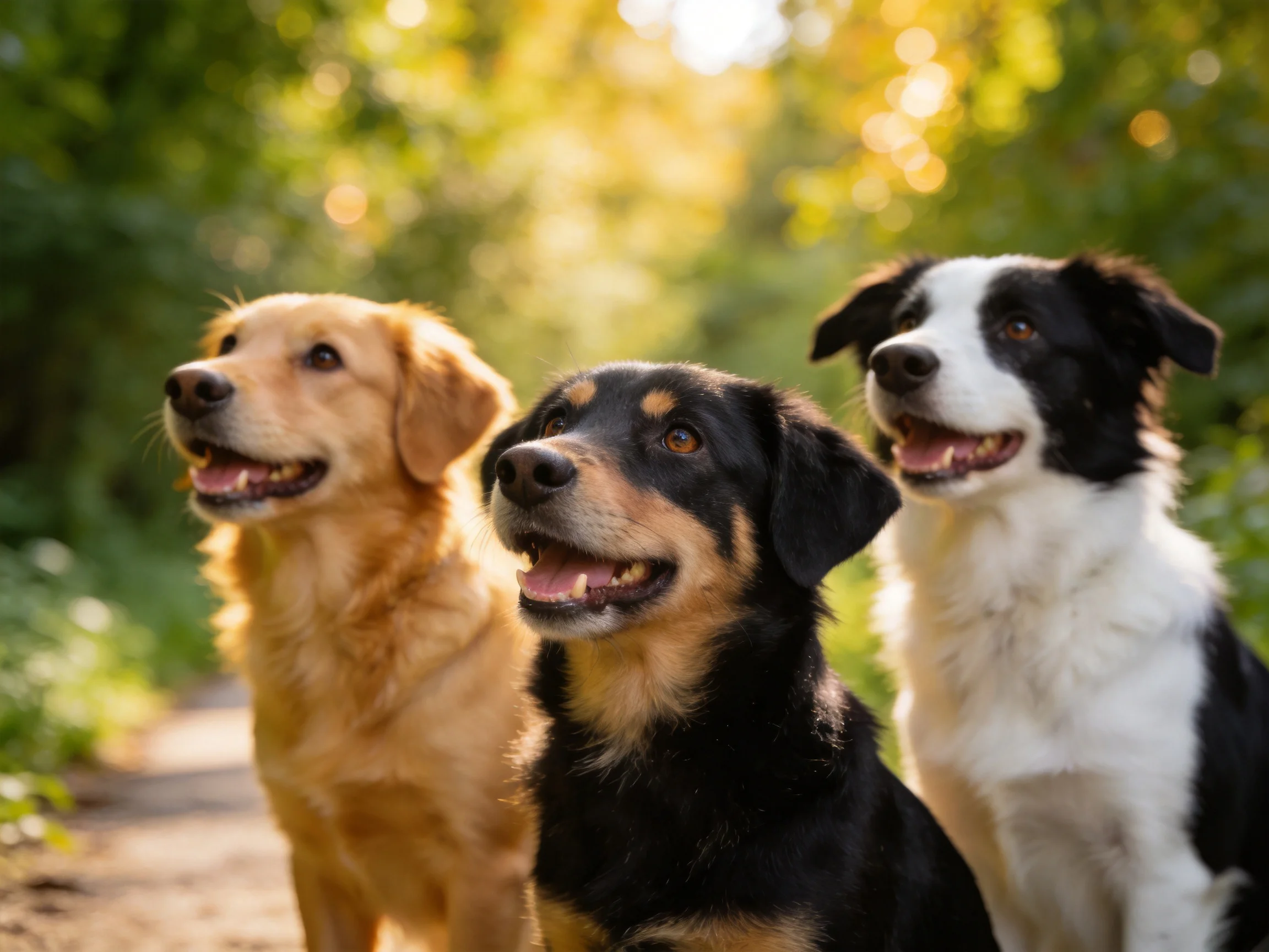 Three dogs of varied breeds and colors sit on a sunlit forest path