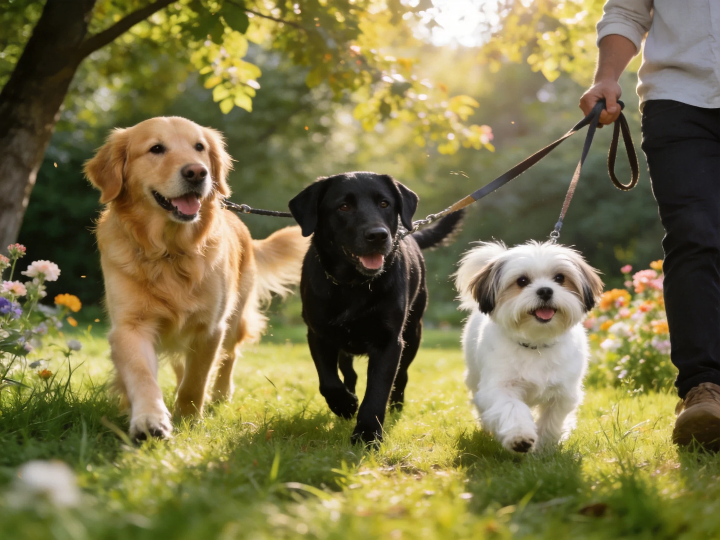 Three dogs of varied breeds and colors stroll in a sunlit park.