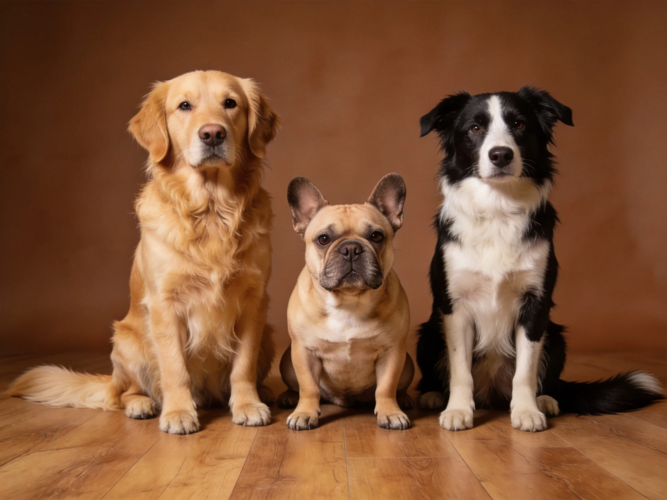 Three dogs of varied breeds sit on a wooden floor