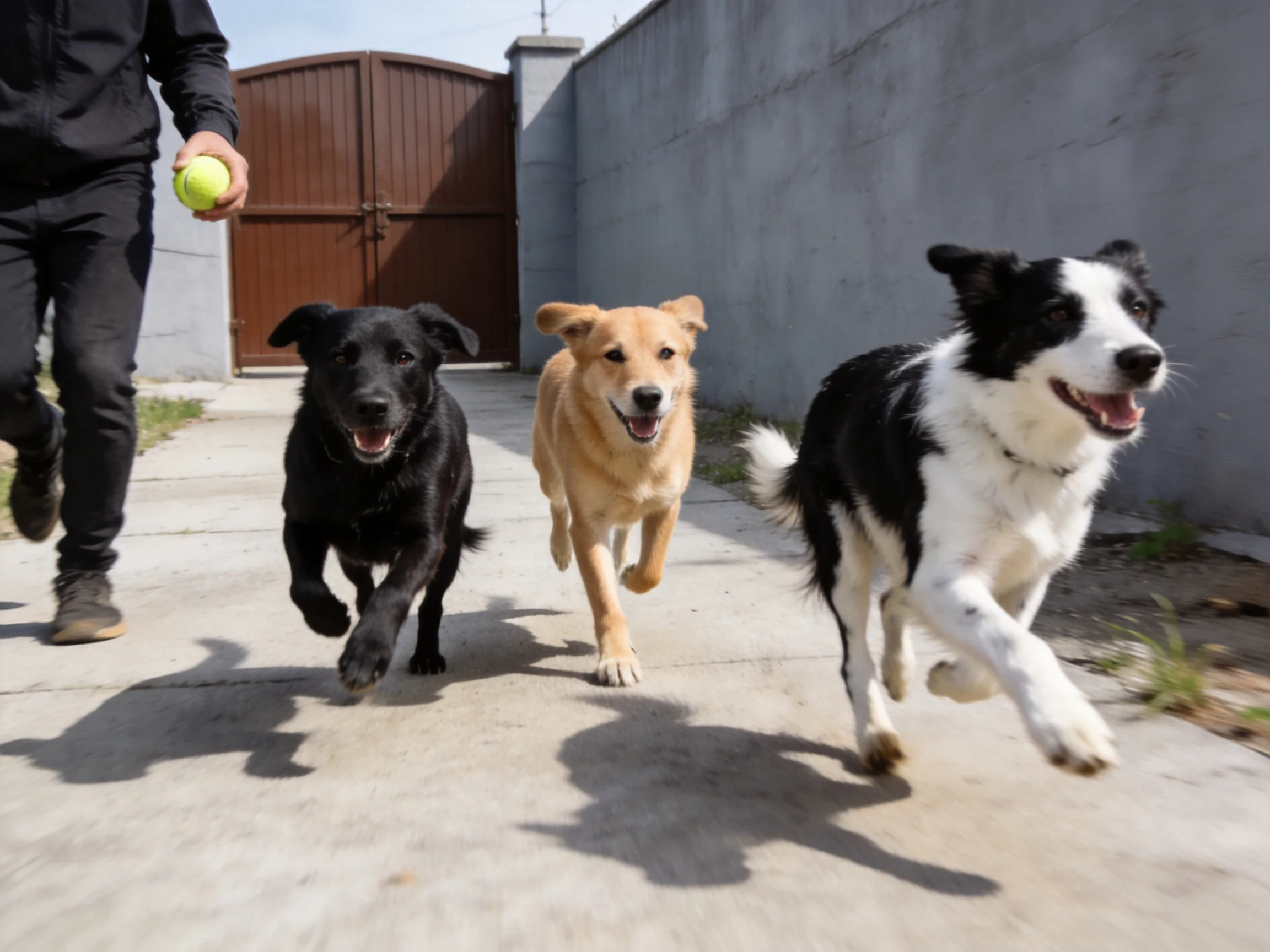Three dogs of varied breeds sprint toward a person holding a tennis ball