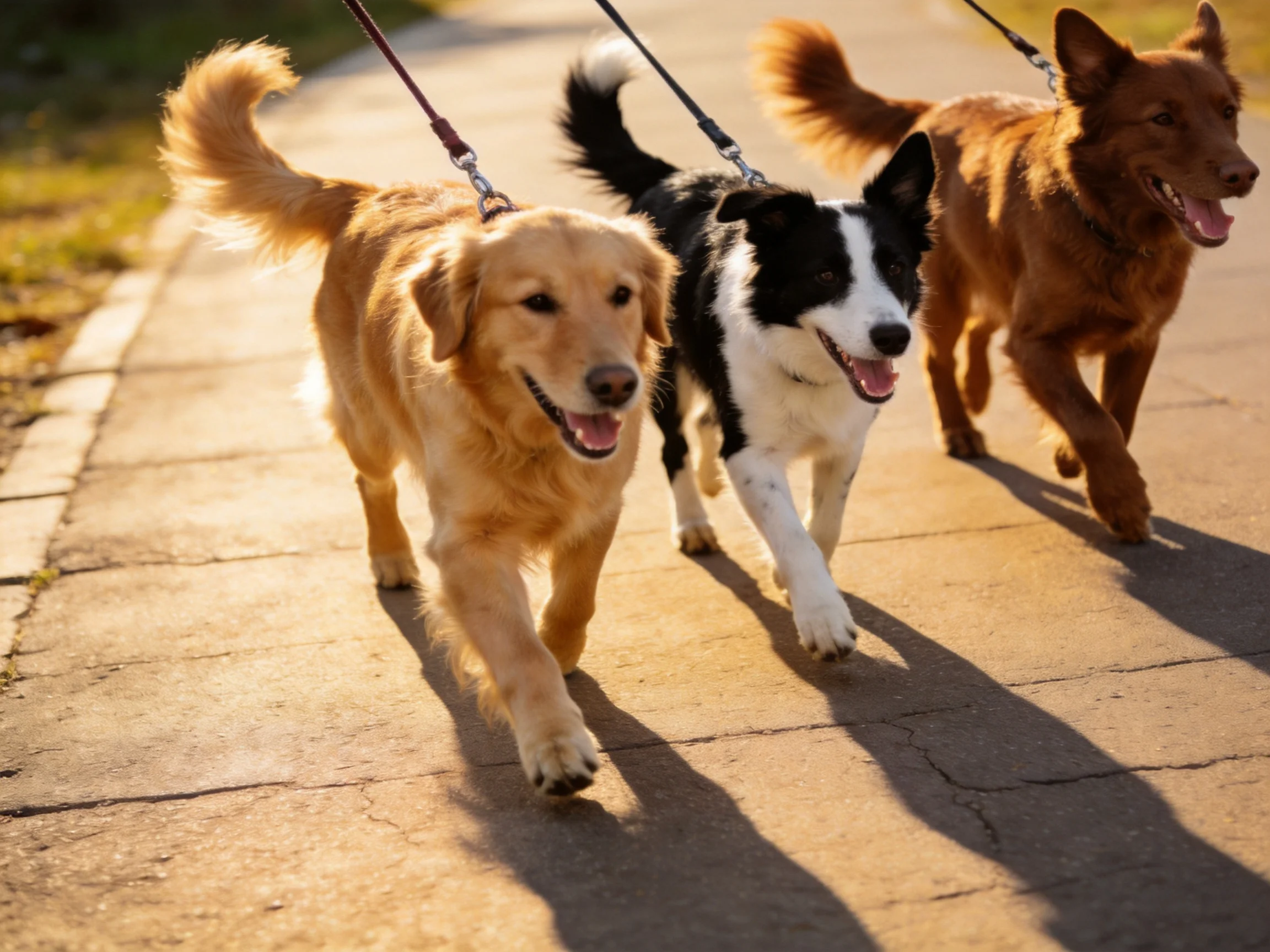 Three dogs of varied breeds walk on a sunlit sidewalk
