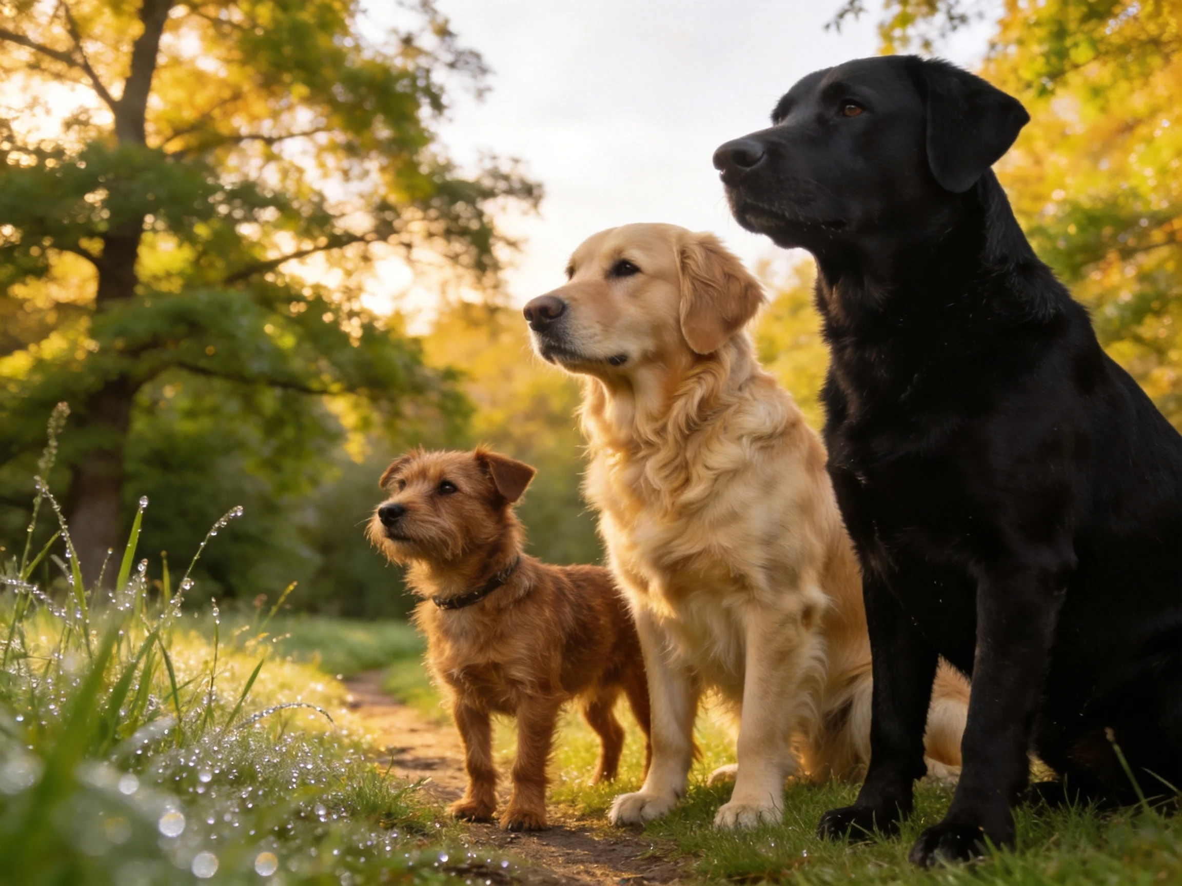 Three dogs of varied sizes and colors rest on a sunlit path