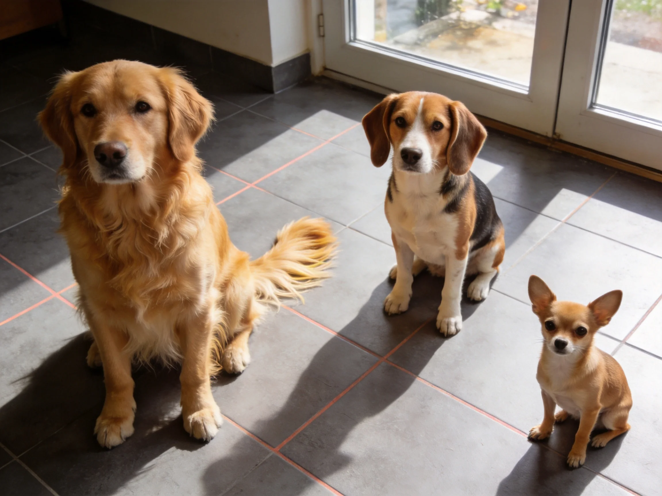 Three dogs of varying sizes sit near a glass door on tiled flooring.