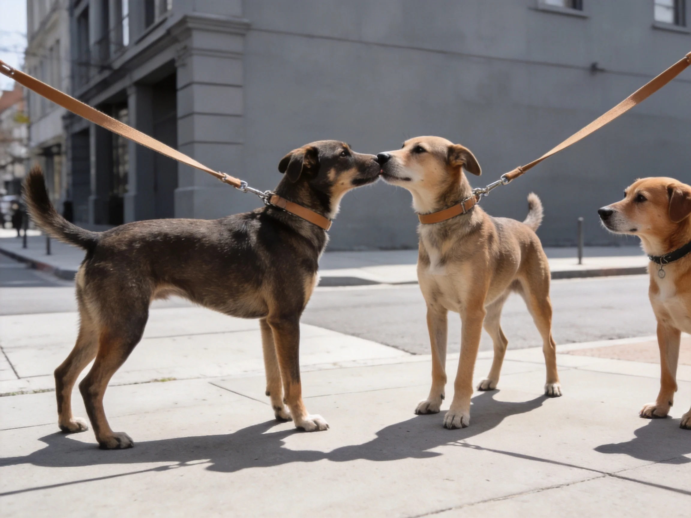 Three dogs on leashes interact on a sunny city sidewalk