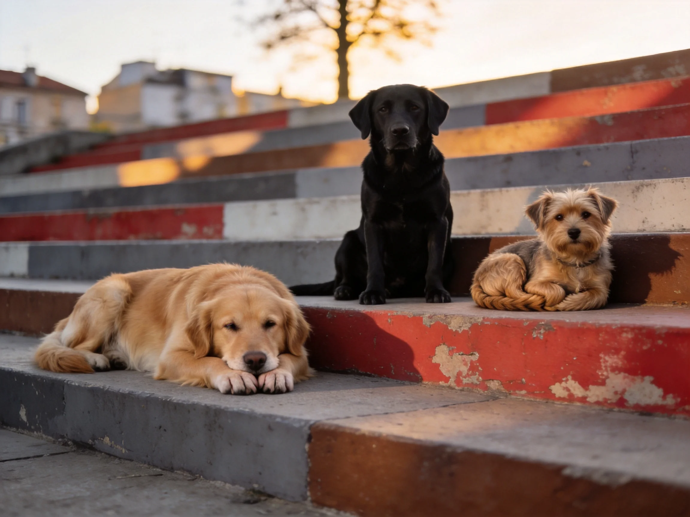 Three dogs relax on vibrant, aged outdoor steps