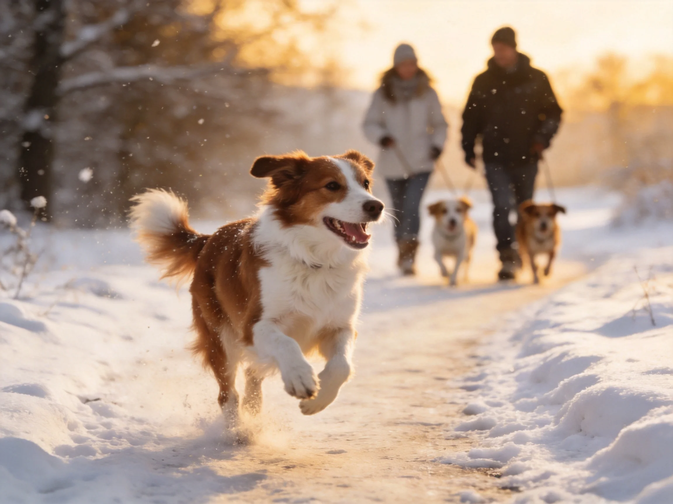 Three dogs run along a snow - covered path with two walkers in winter light