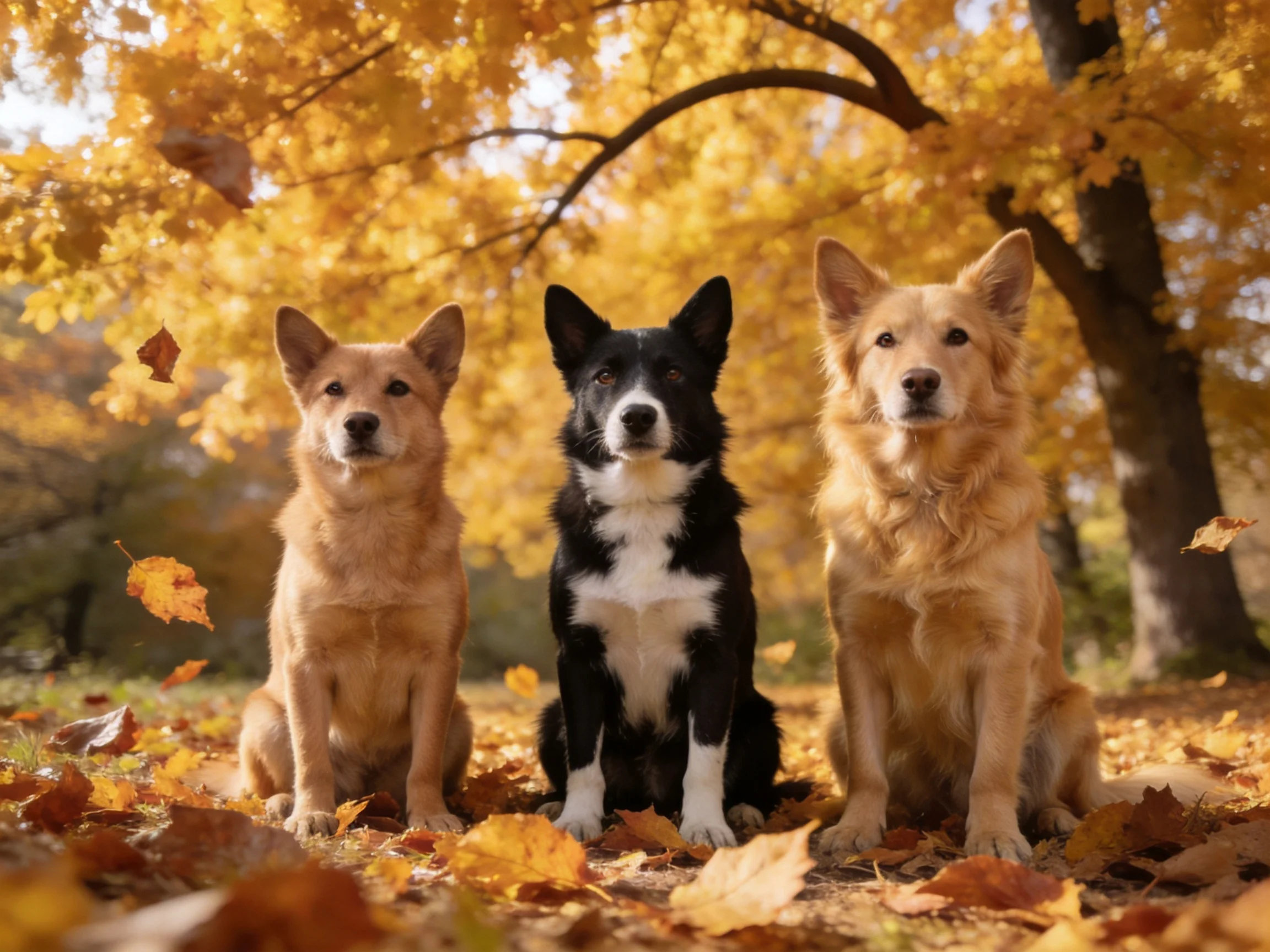 Three dogs sit amid golden autumn leaves under sun-dappled trees