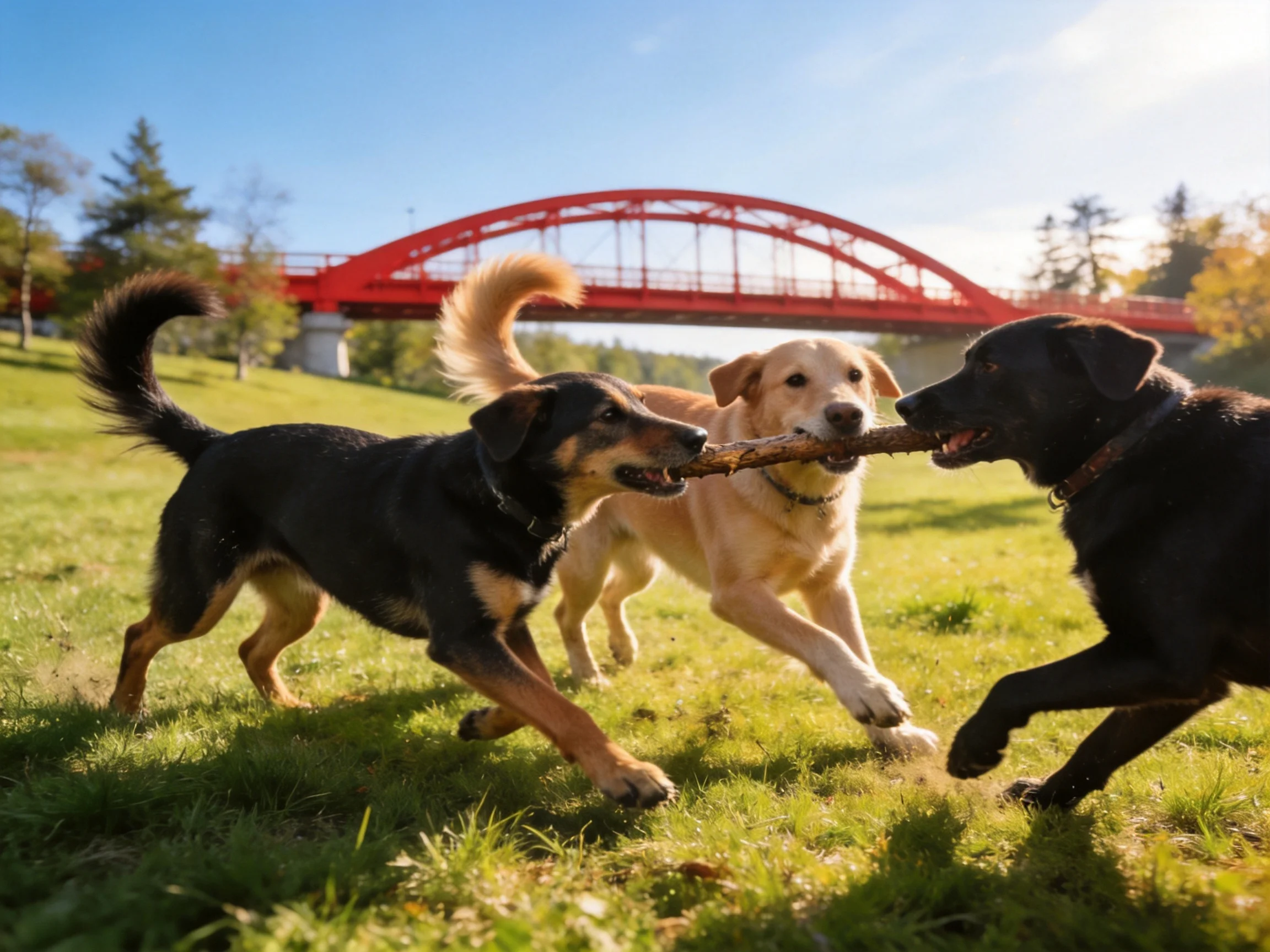 Three dogs tug a stick near a bright red bridge on sunny grass