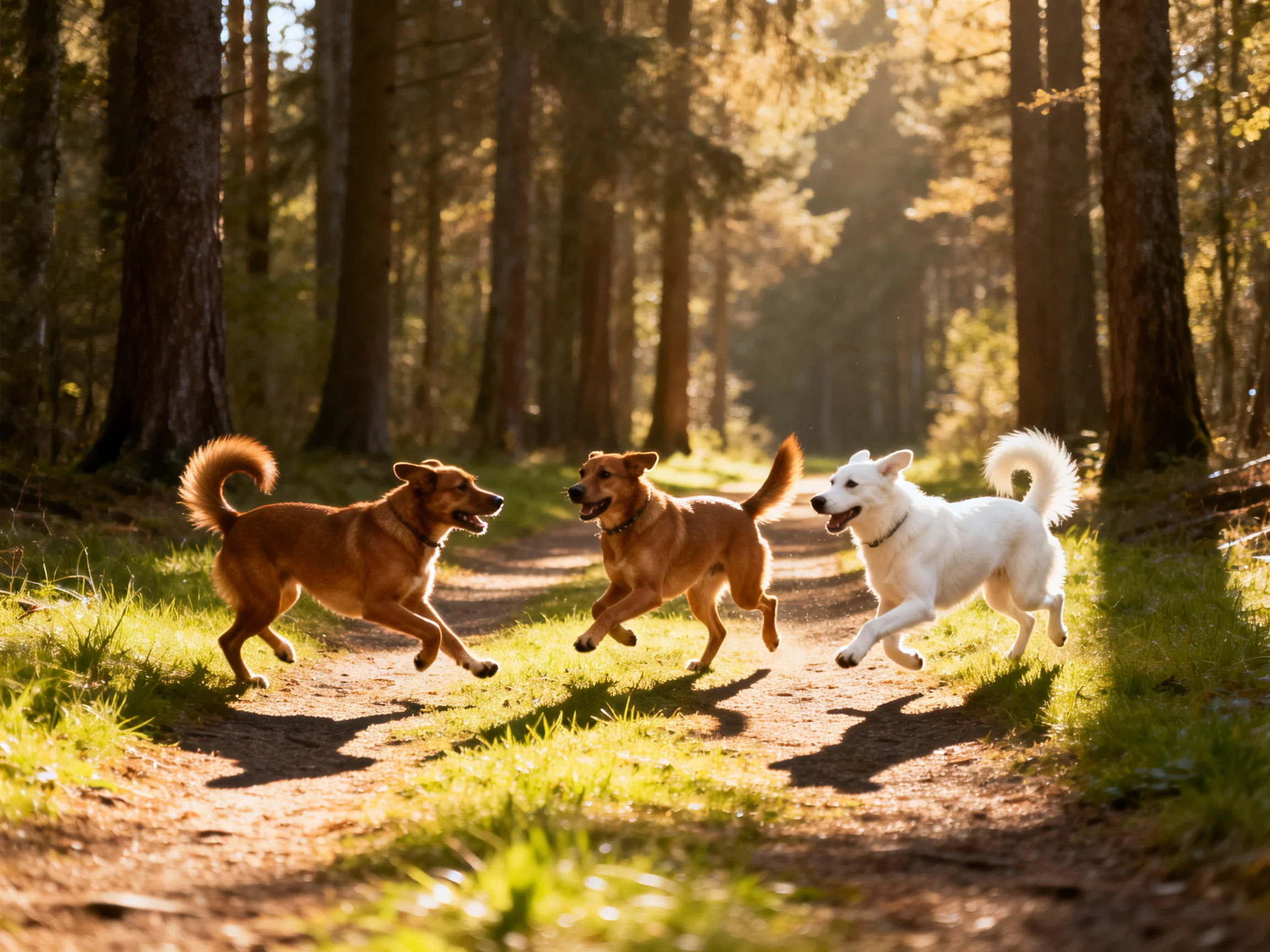 Three dogs—two brown, one white—play on a sunlit forest path