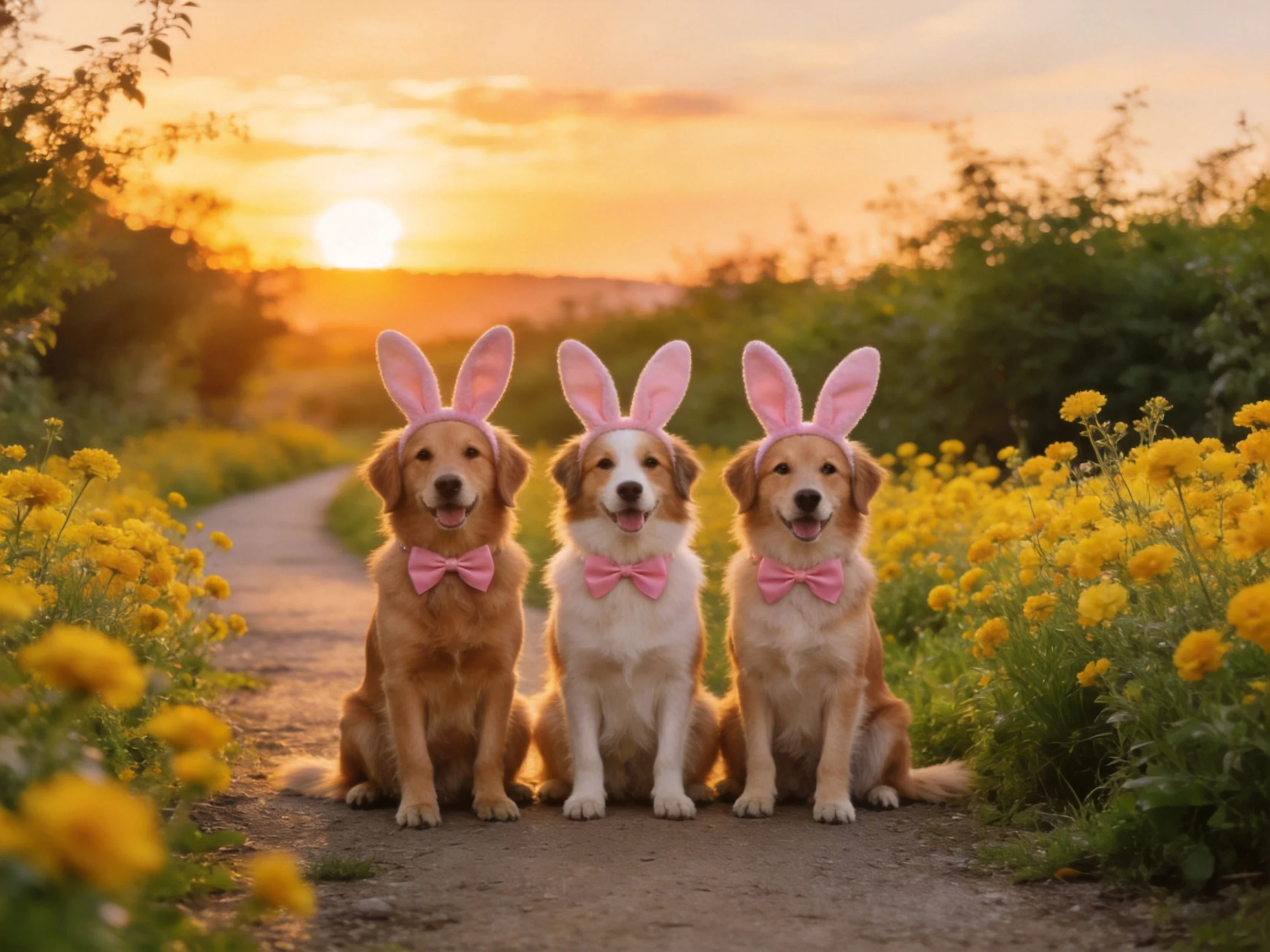 Three dogs wear pink bunny ears near yellow wildflowers at sunset