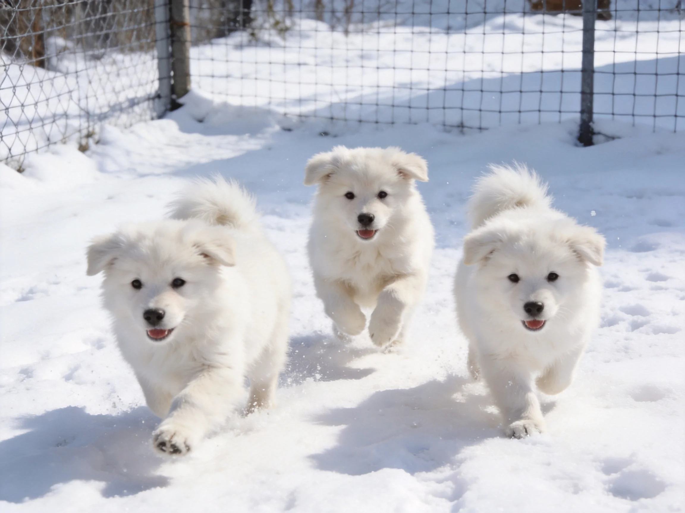Three fluffy white puppies run through a bright snowy landscape near a wire fence