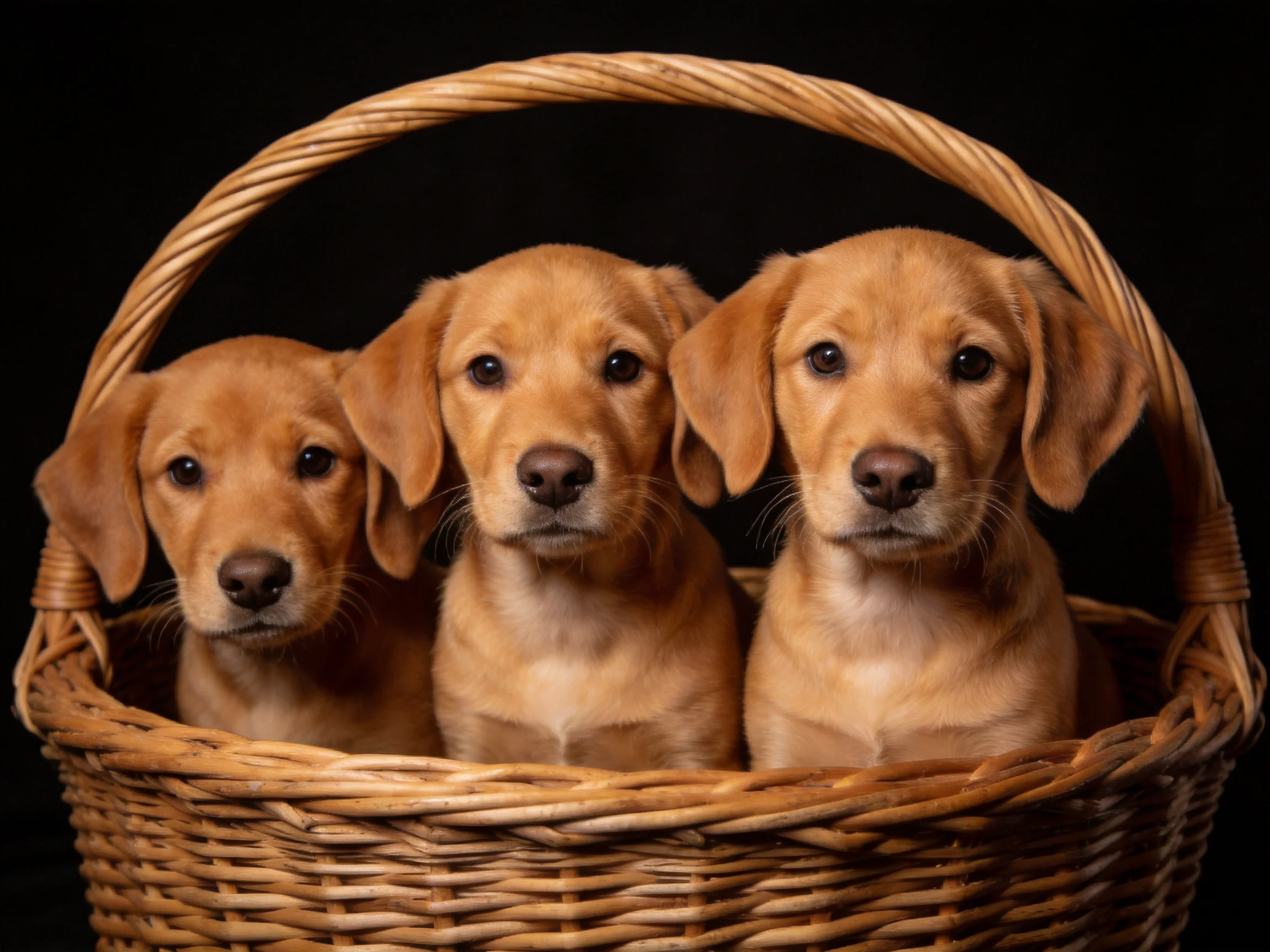 Three golden puppies nestled in a woven wicker basket