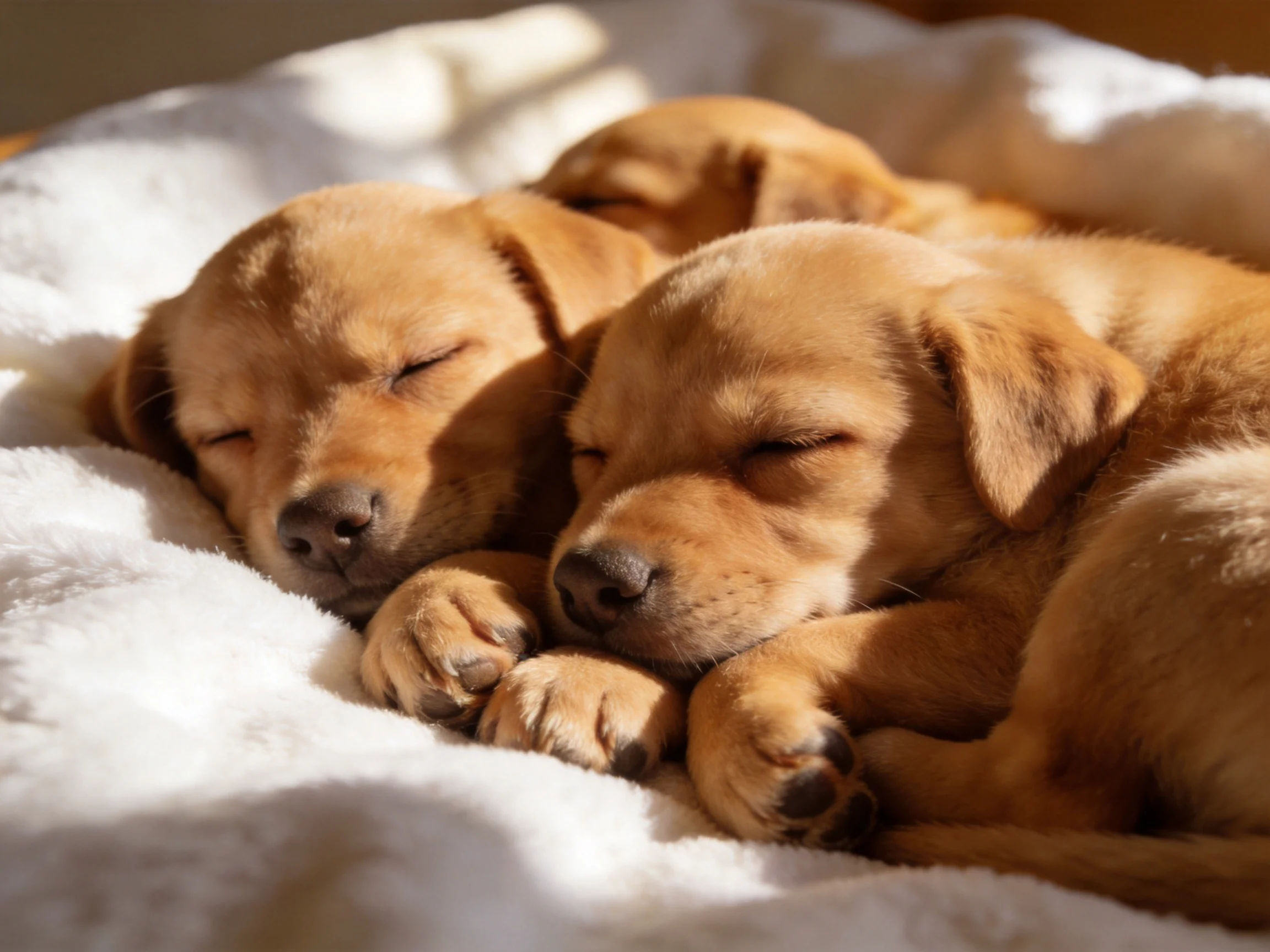 Three golden puppies rest on a soft white blanket