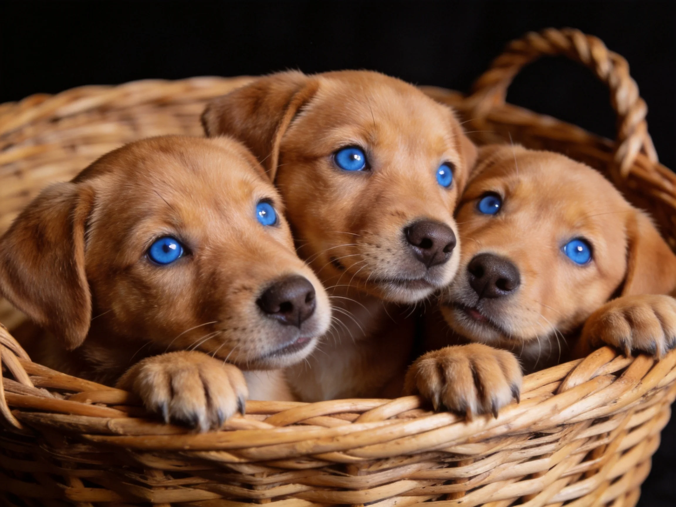 Three golden puppies with bright blue eyes nestled in a wicker basket
