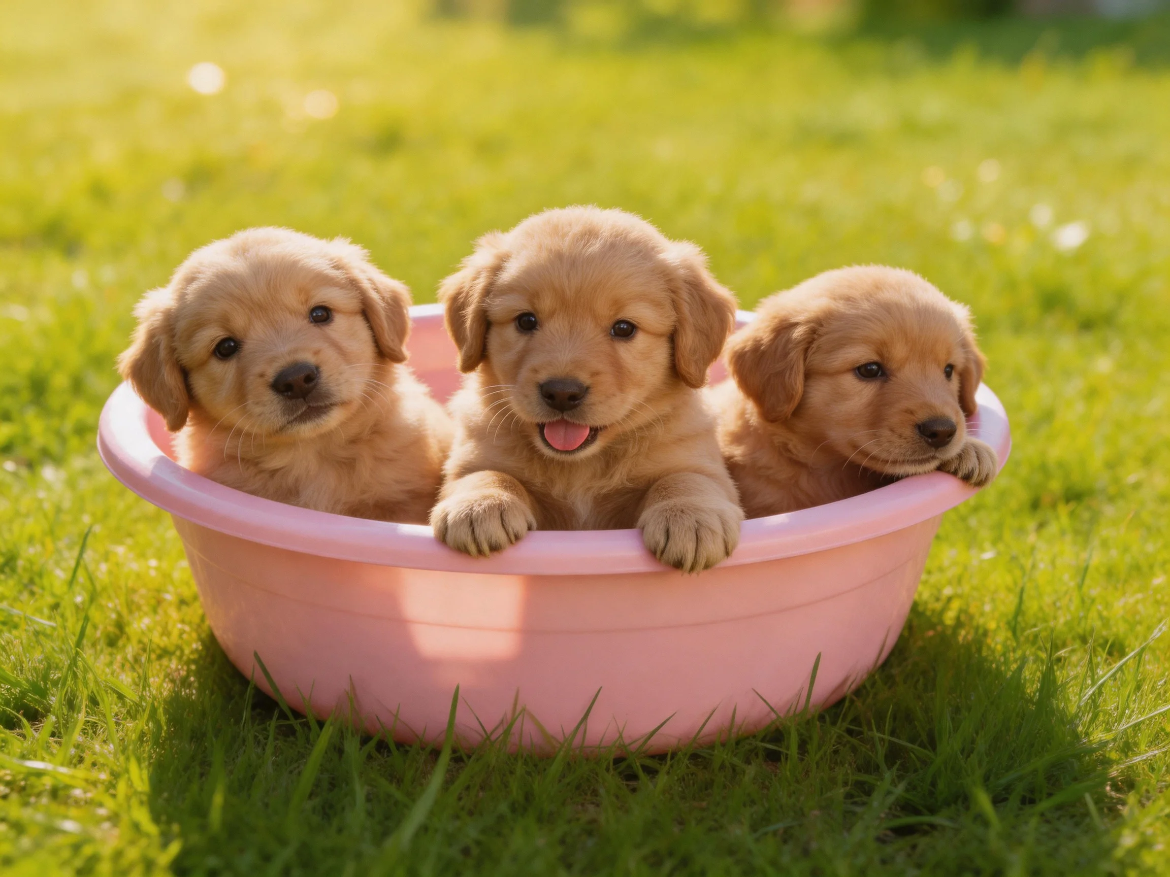 Three golden retriever puppies in a pink tub on green grass
