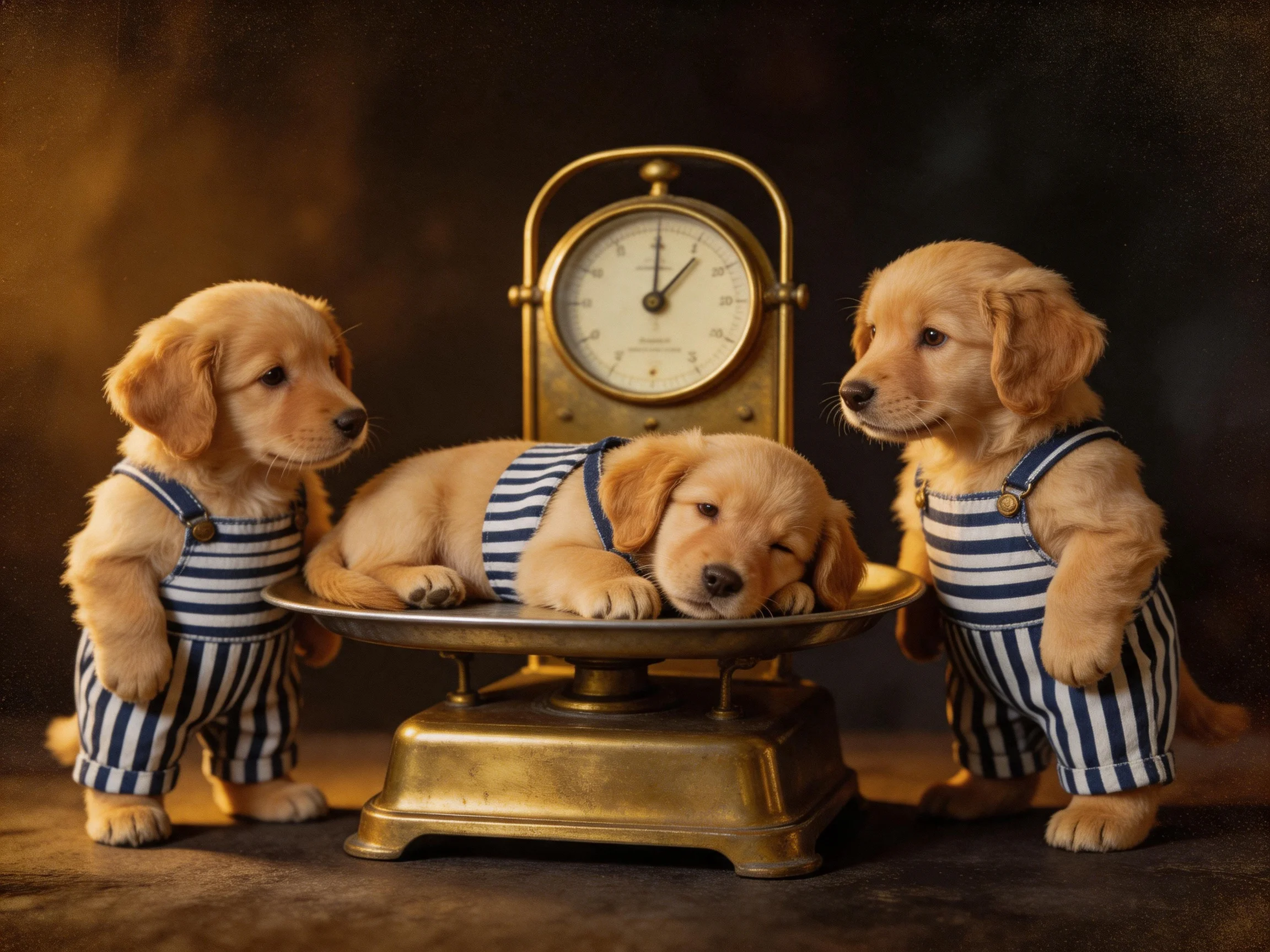 Three golden retriever puppies in blue-and-white striped overalls around an antique brass scale