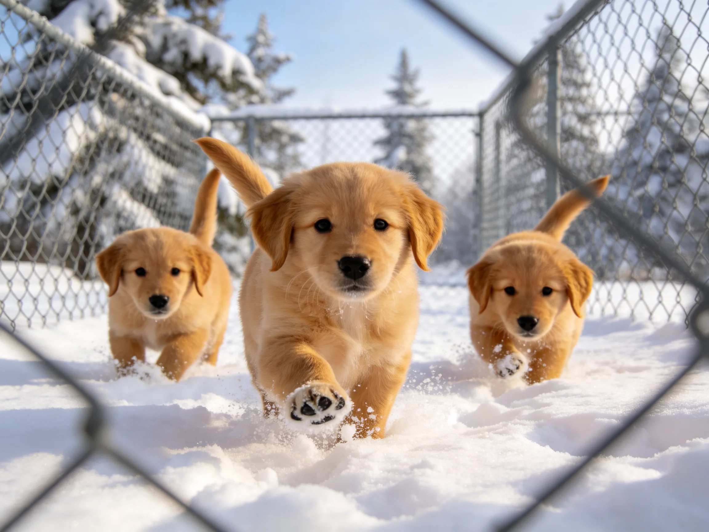 Three golden retriever puppies running through a snowy fenced area
