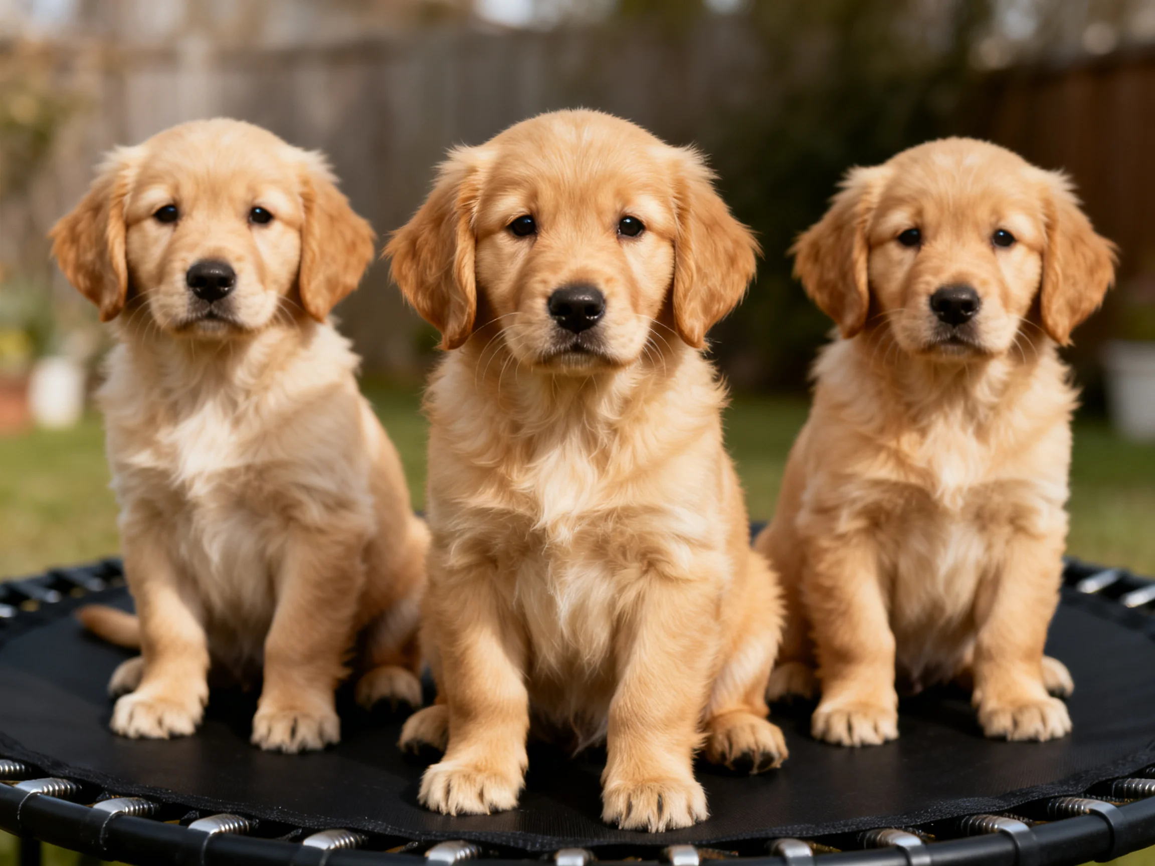 Three golden retriever puppies sit on a black trampoline outdoors