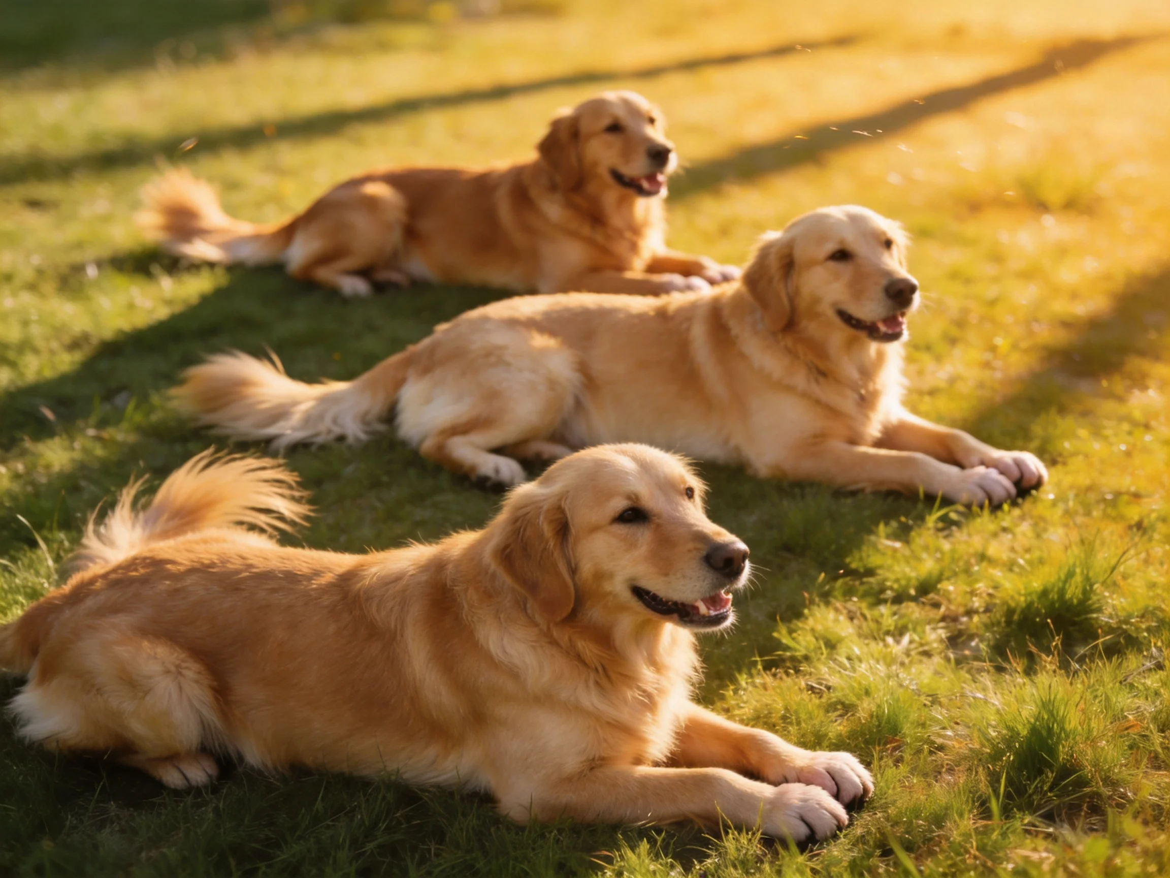 Three golden retrievers lounge on sunlit green grass