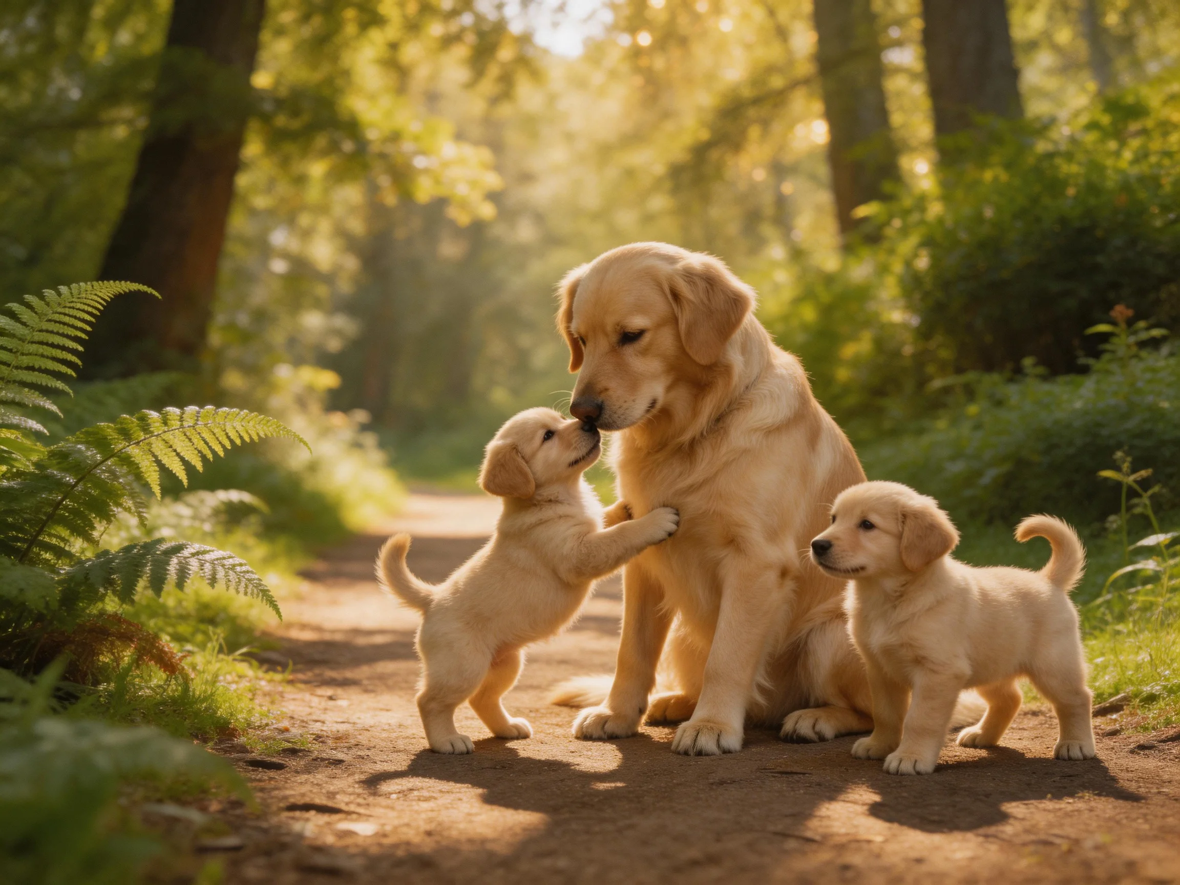 Three golden retrievers on a sunlit forest path