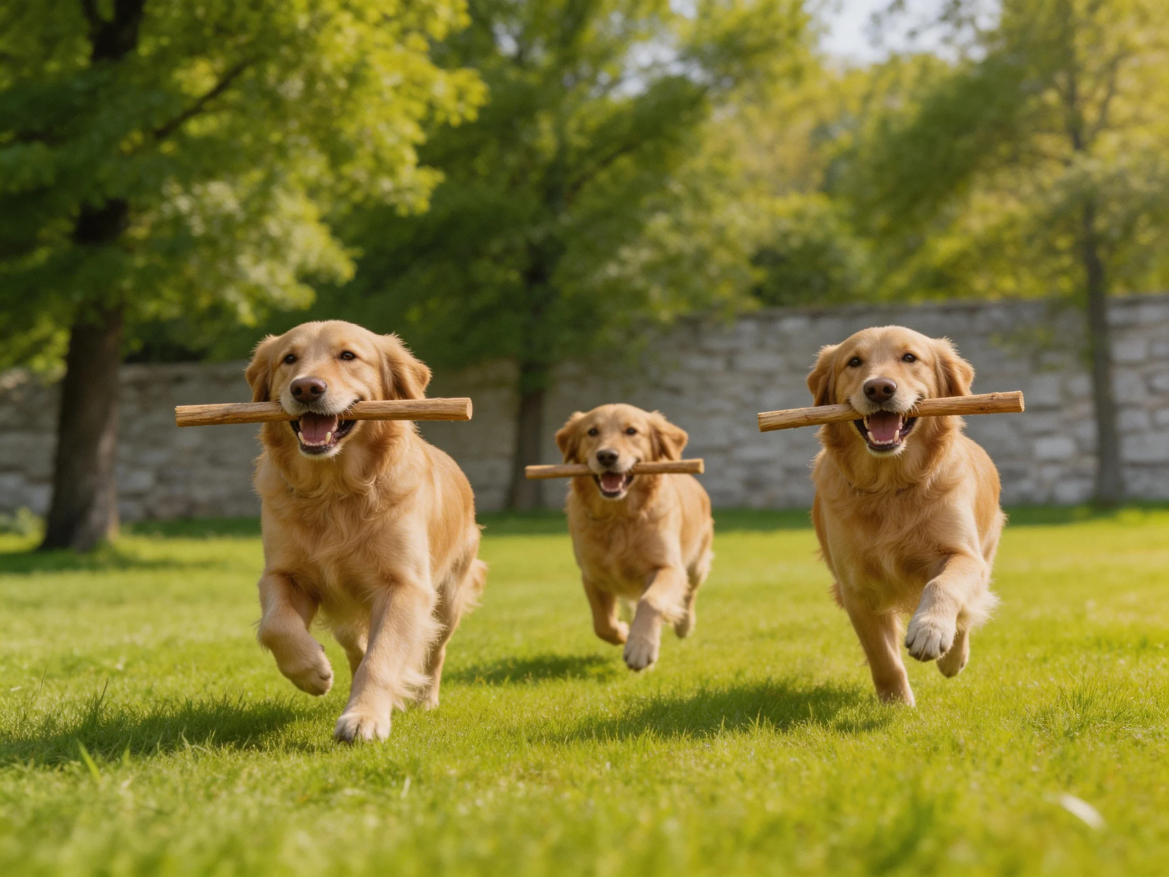 Three golden retrievers run with wooden sticks in a sunny park