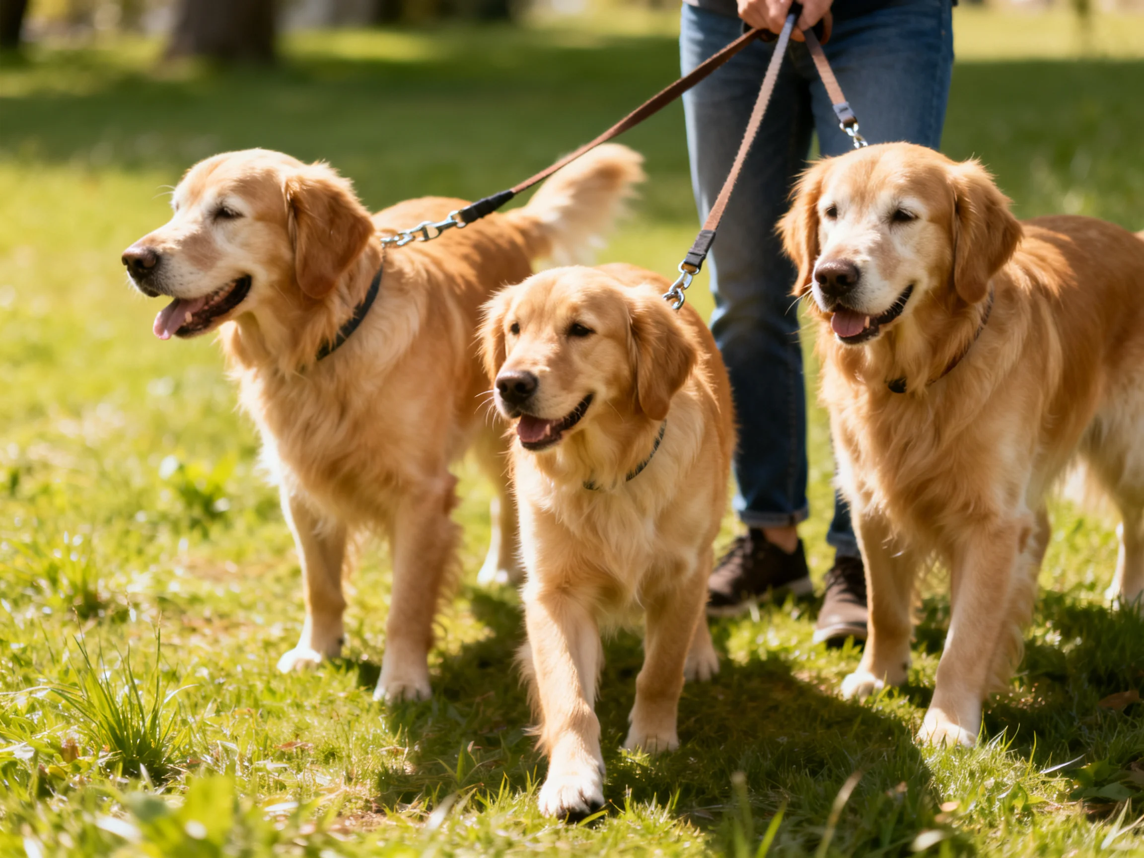Three golden retrievers walk on a sunlit grassy park path