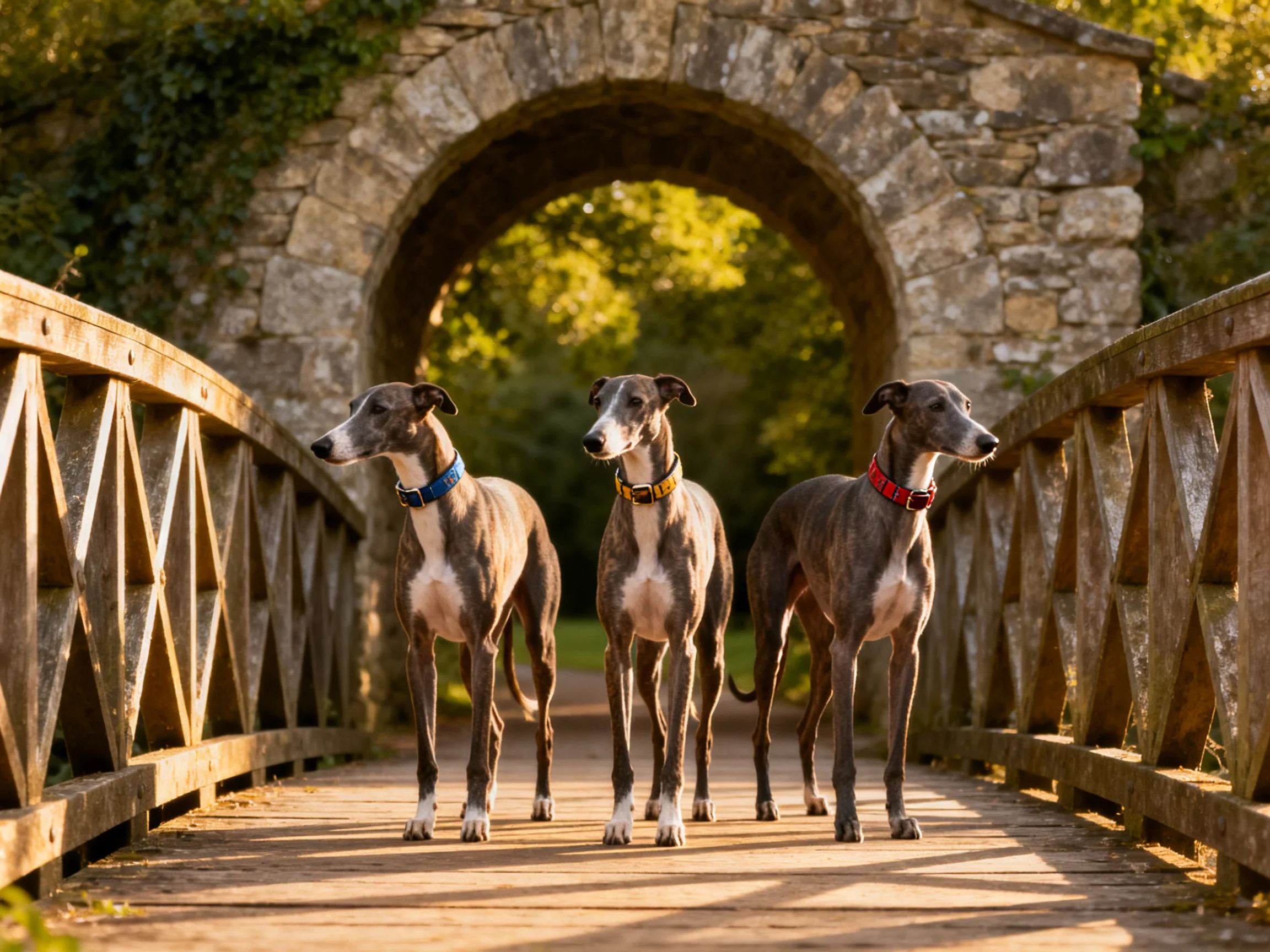 Three greyhounds stand on an ancient wooden bridge near a stone archway