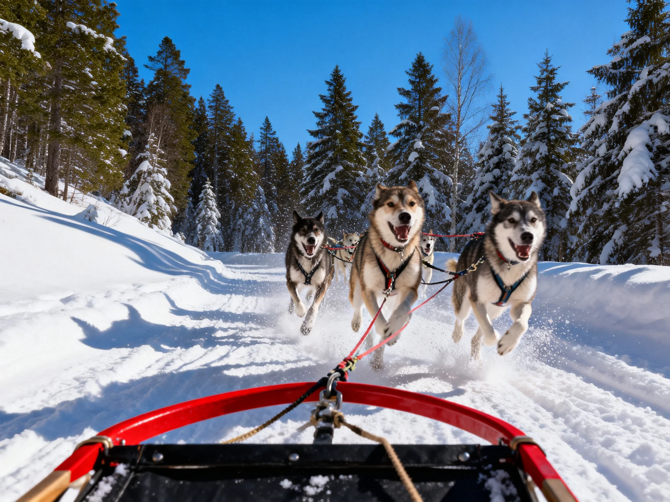 Three huskies pull a red sled through snowy forest trails