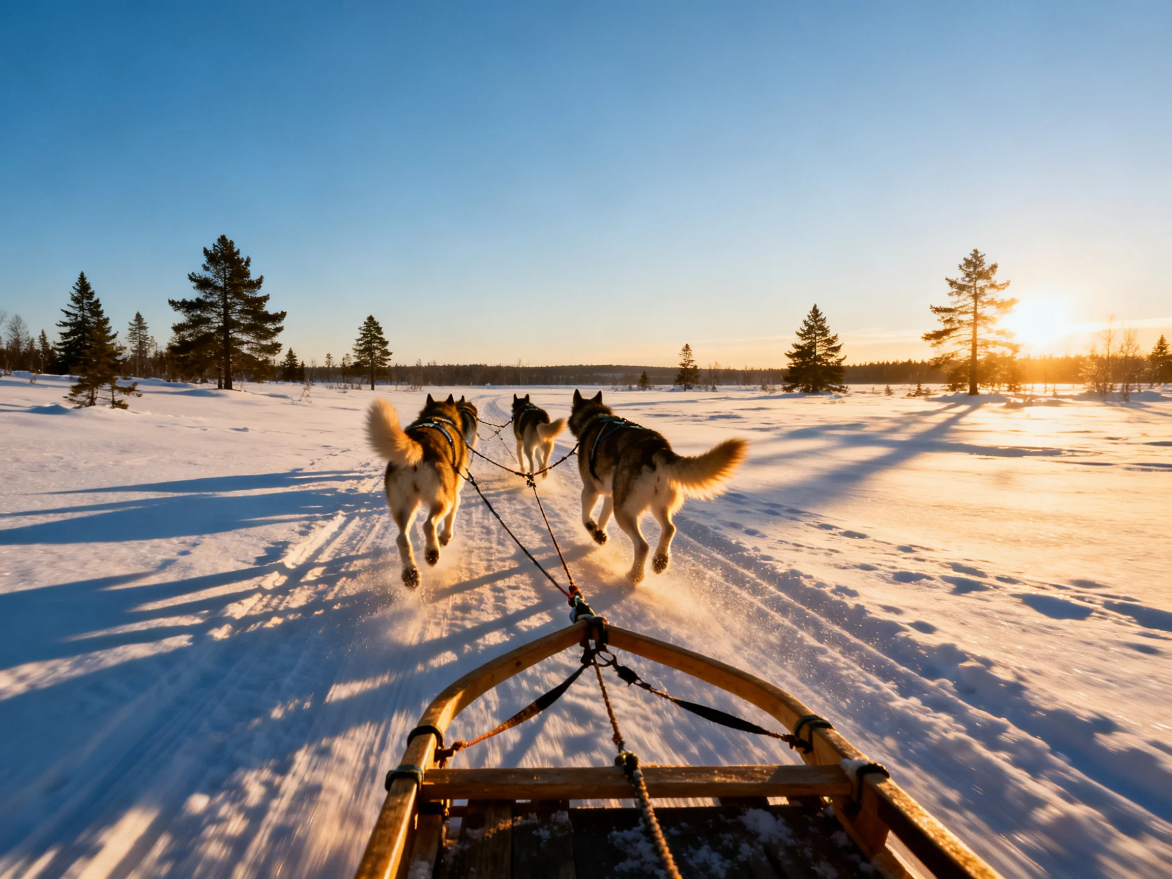 Three huskies pull a sled through snowy terrain at sunset